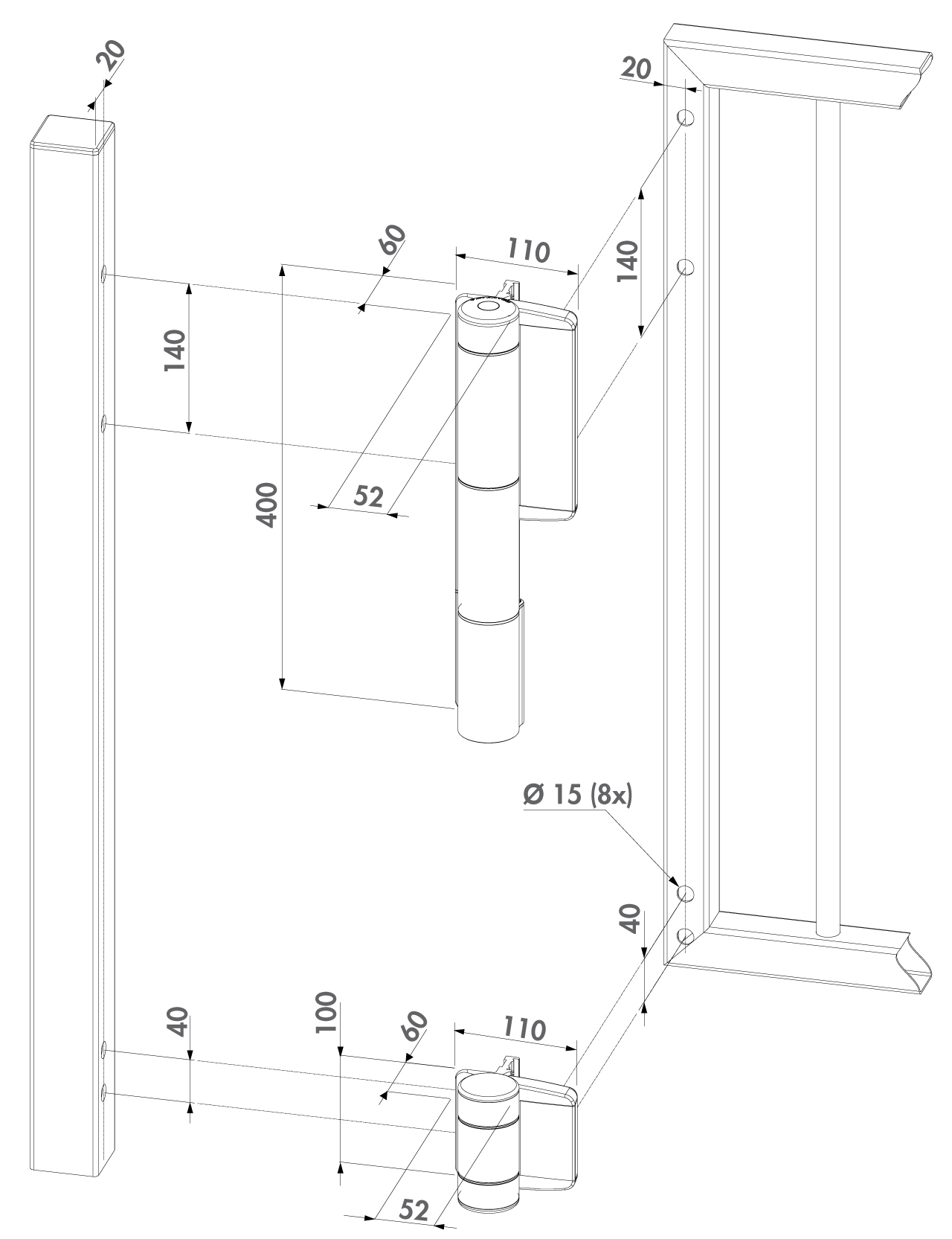 Záves otvárateľný 180°, nastaviteľný 2D, do 150 kg, RAL 9005