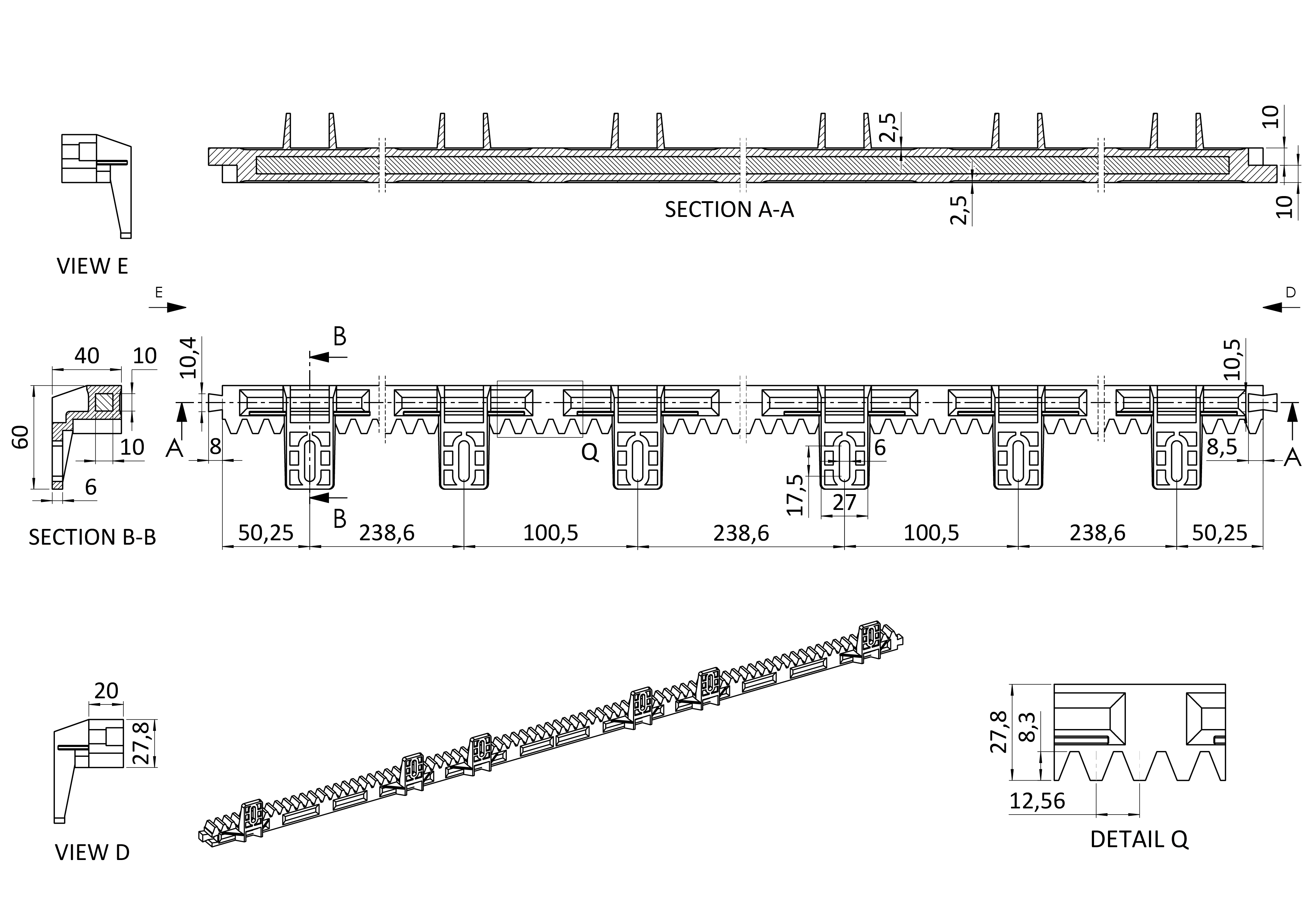 Hrebeň nylon - kov 28 x 20 x 1017 mm, max do 700 kg