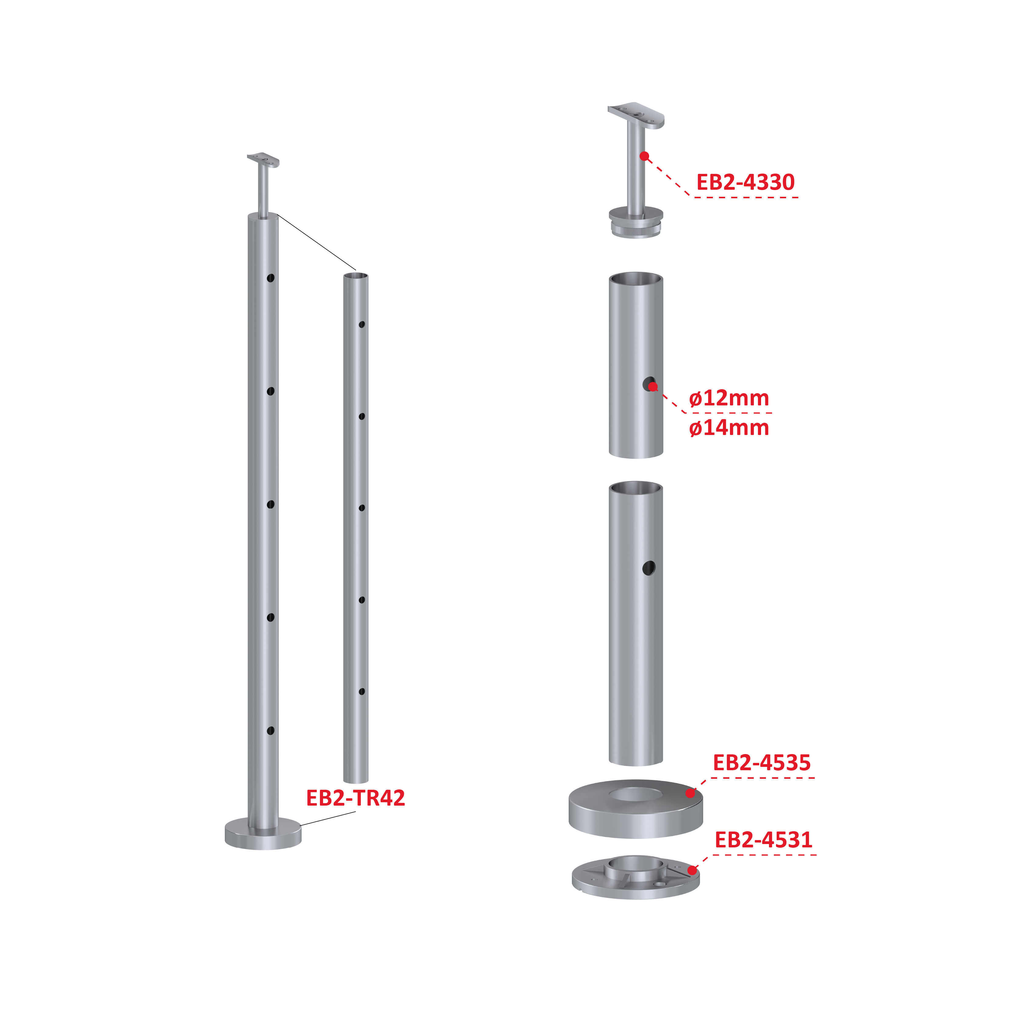 Nerezový stĺp, vrchné kotvenie, 5-dierový koncový Priemer výplne 12