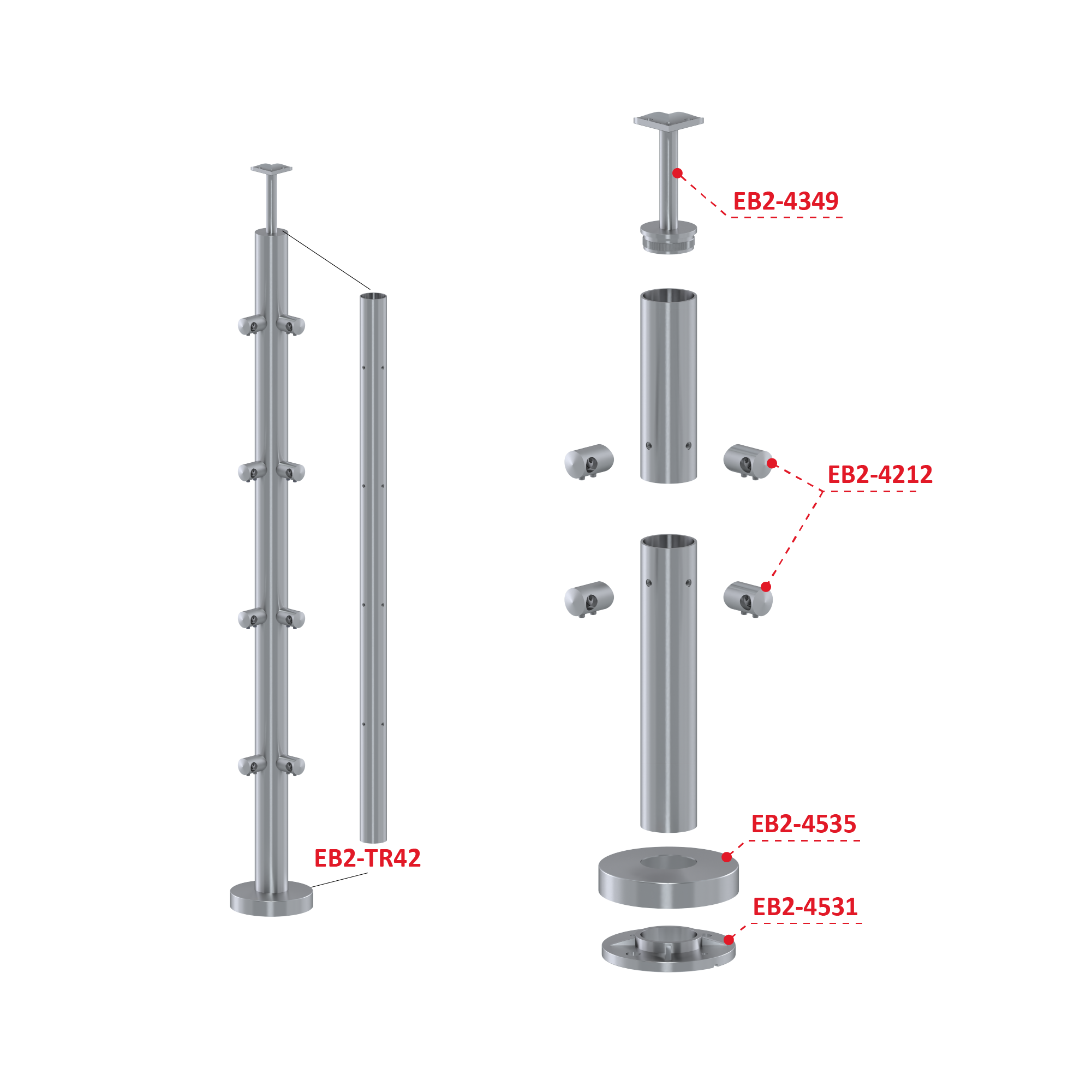 Nerezový stĺp, vrchné kotvenie, 4-radový rohový: 90°