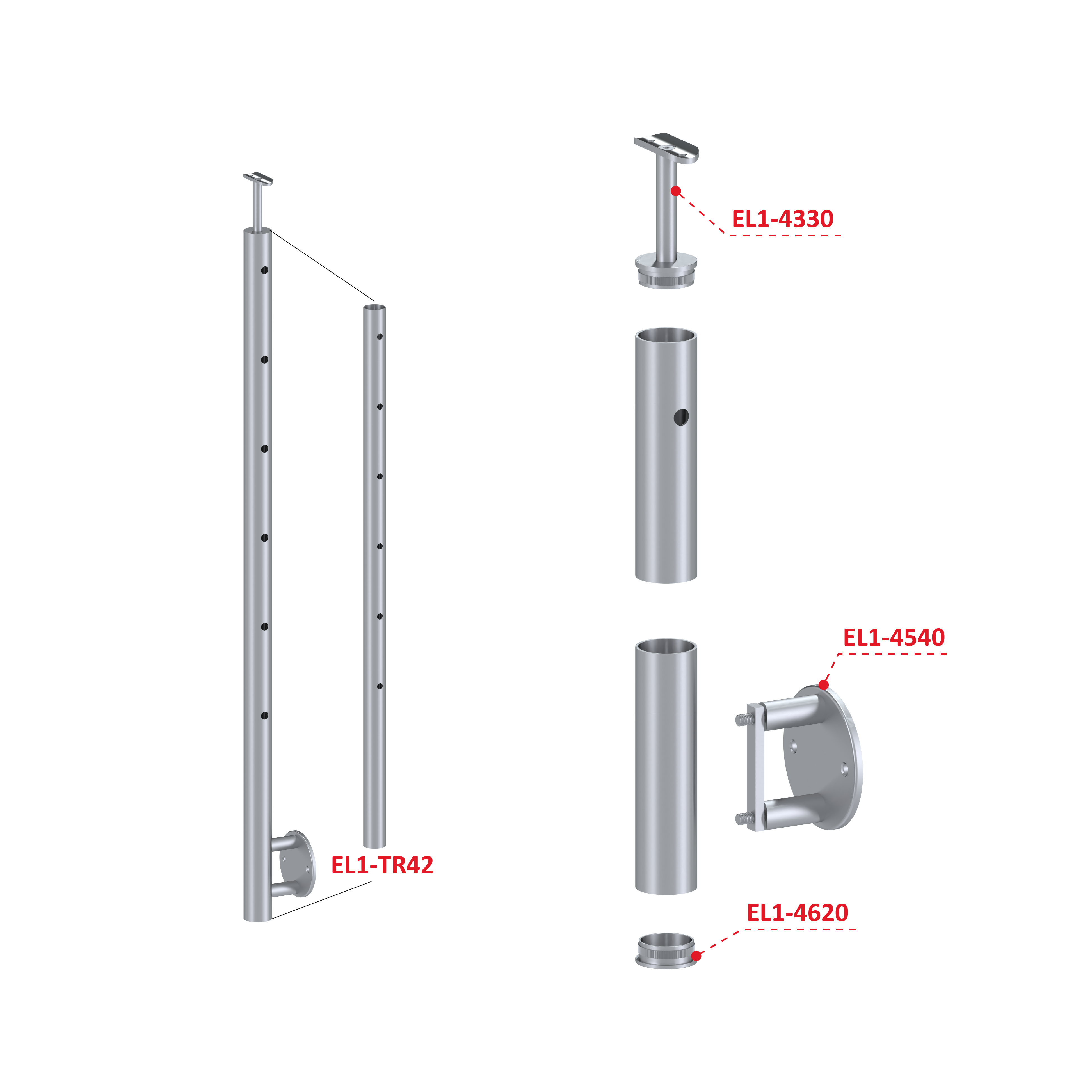 Nerezový stĺp, bočné kotvenie, 6-dierový koncový, pravý Priemer výplne 12