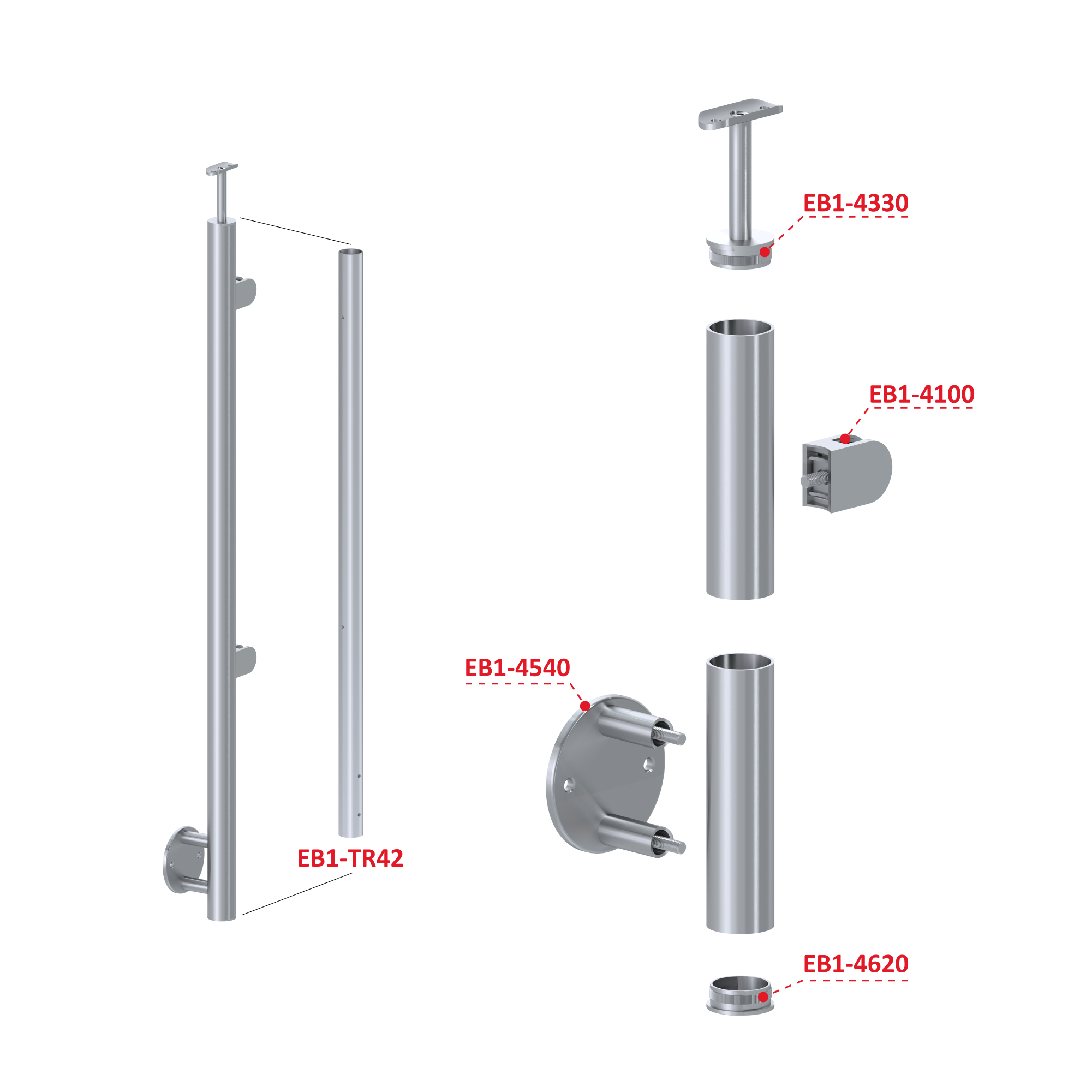 Nerezový stĺp, bočné kotvenie, výplň: sklo, pravý