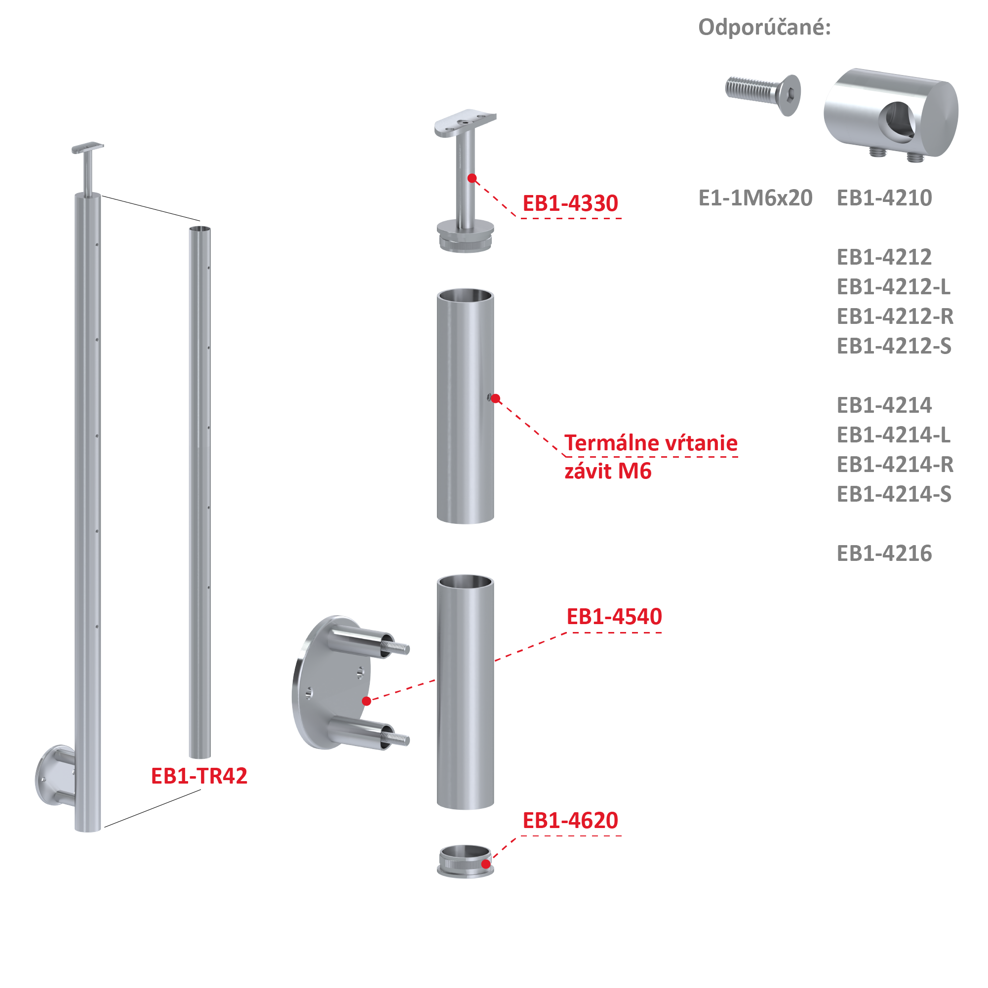 Nerezový stĺp, bočné kotvenie, 5-radový M6