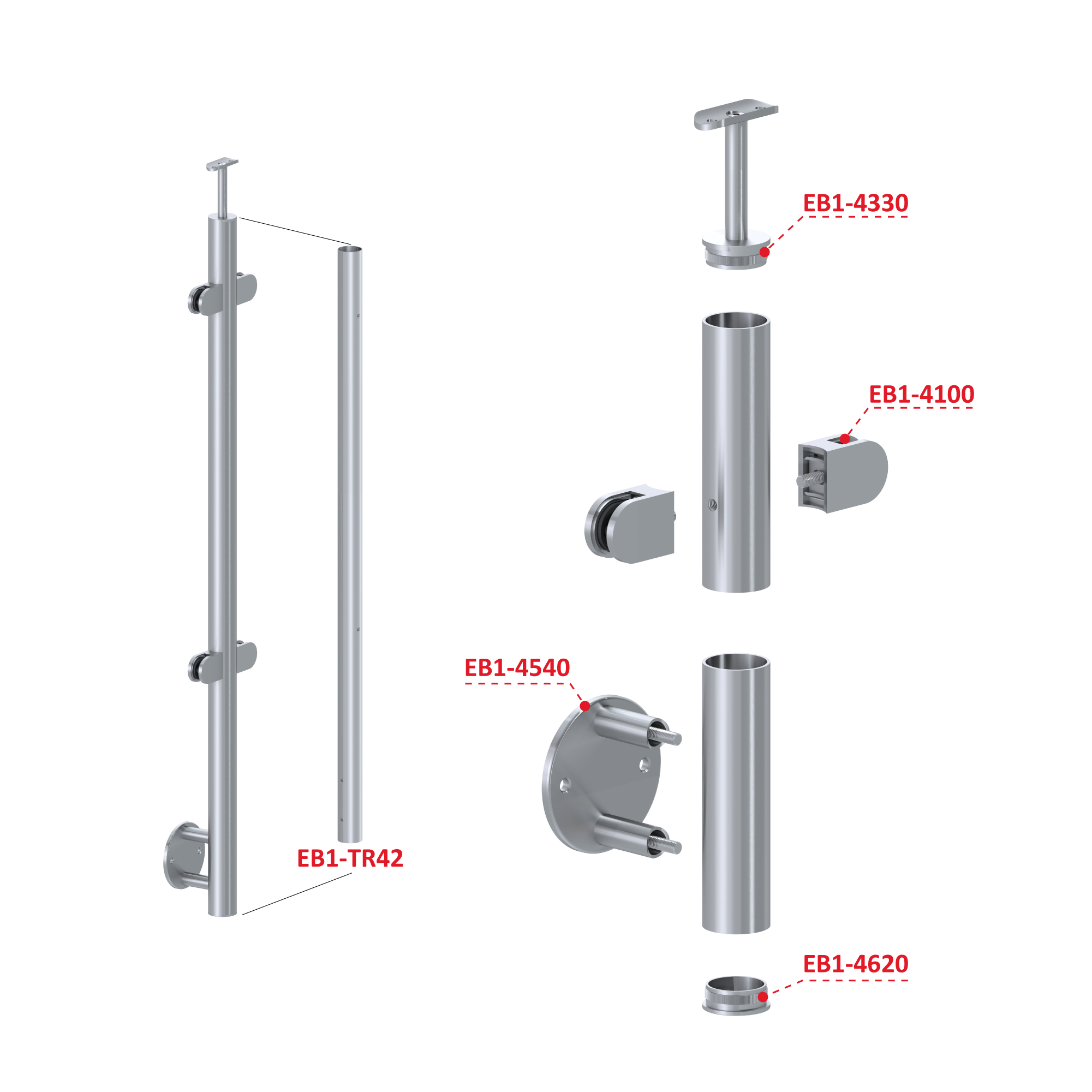 Nerezový stĺp, bočné kotvenie, výplň: sklo, priechodný
