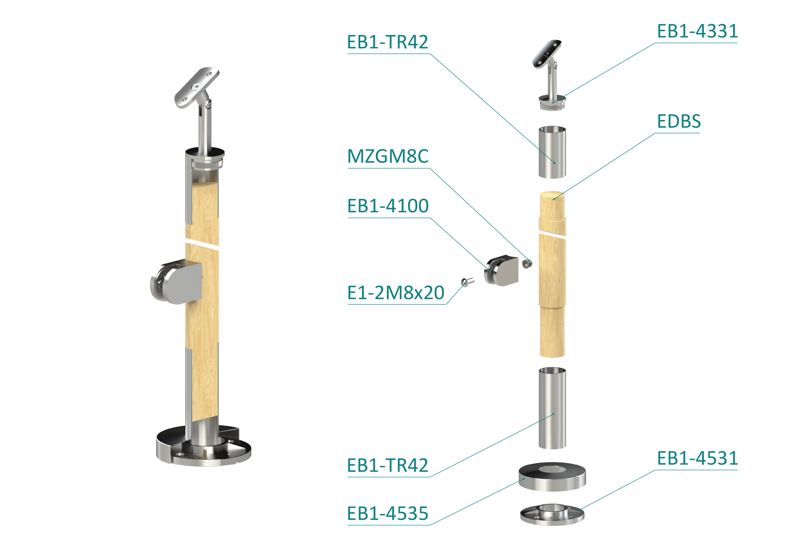 Drevený stĺp, vrchné kotvenie, výplň: sklo, ľavý