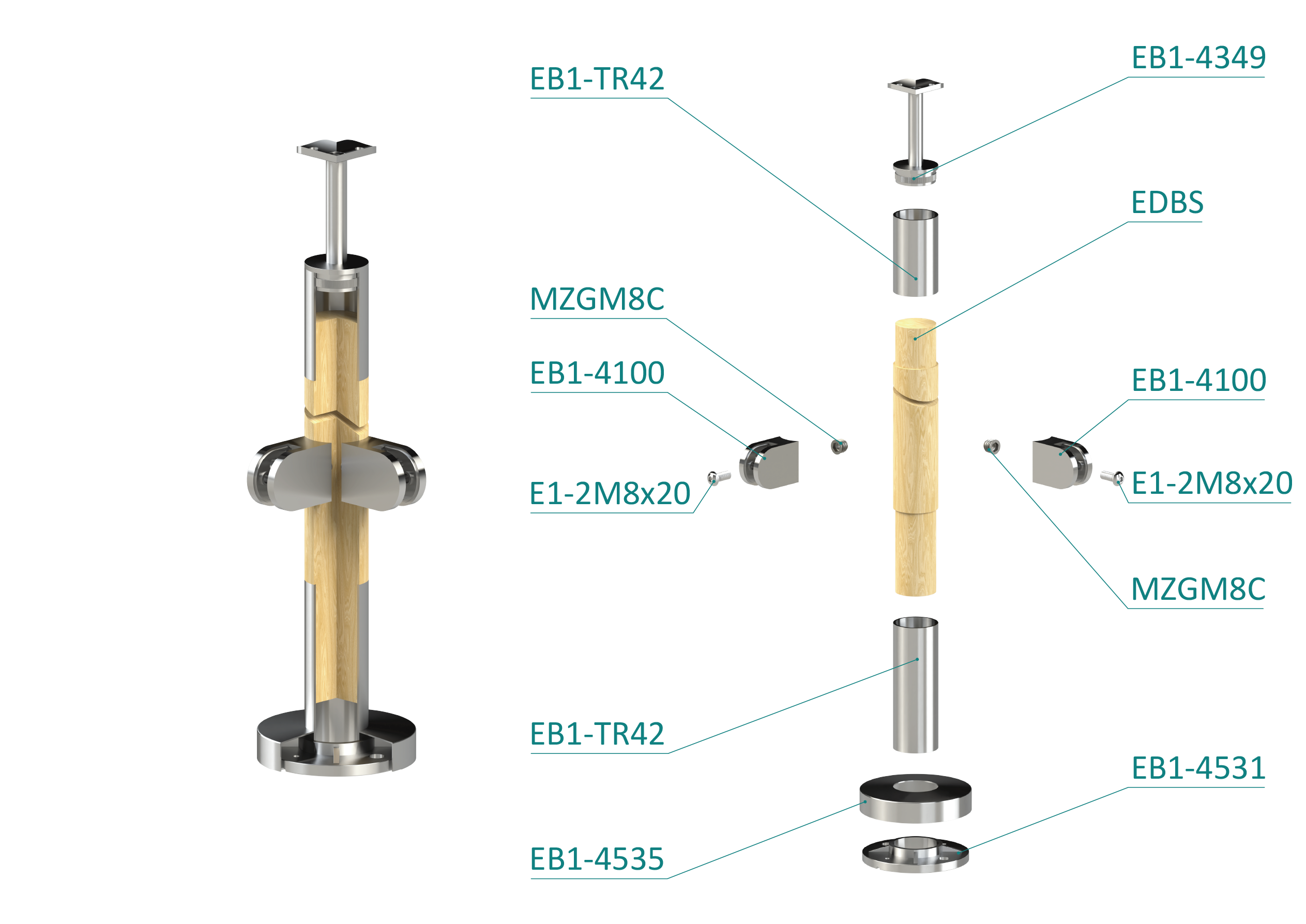 Drevený stĺp, vrchné kotvenie, výplň: sklo, rohový