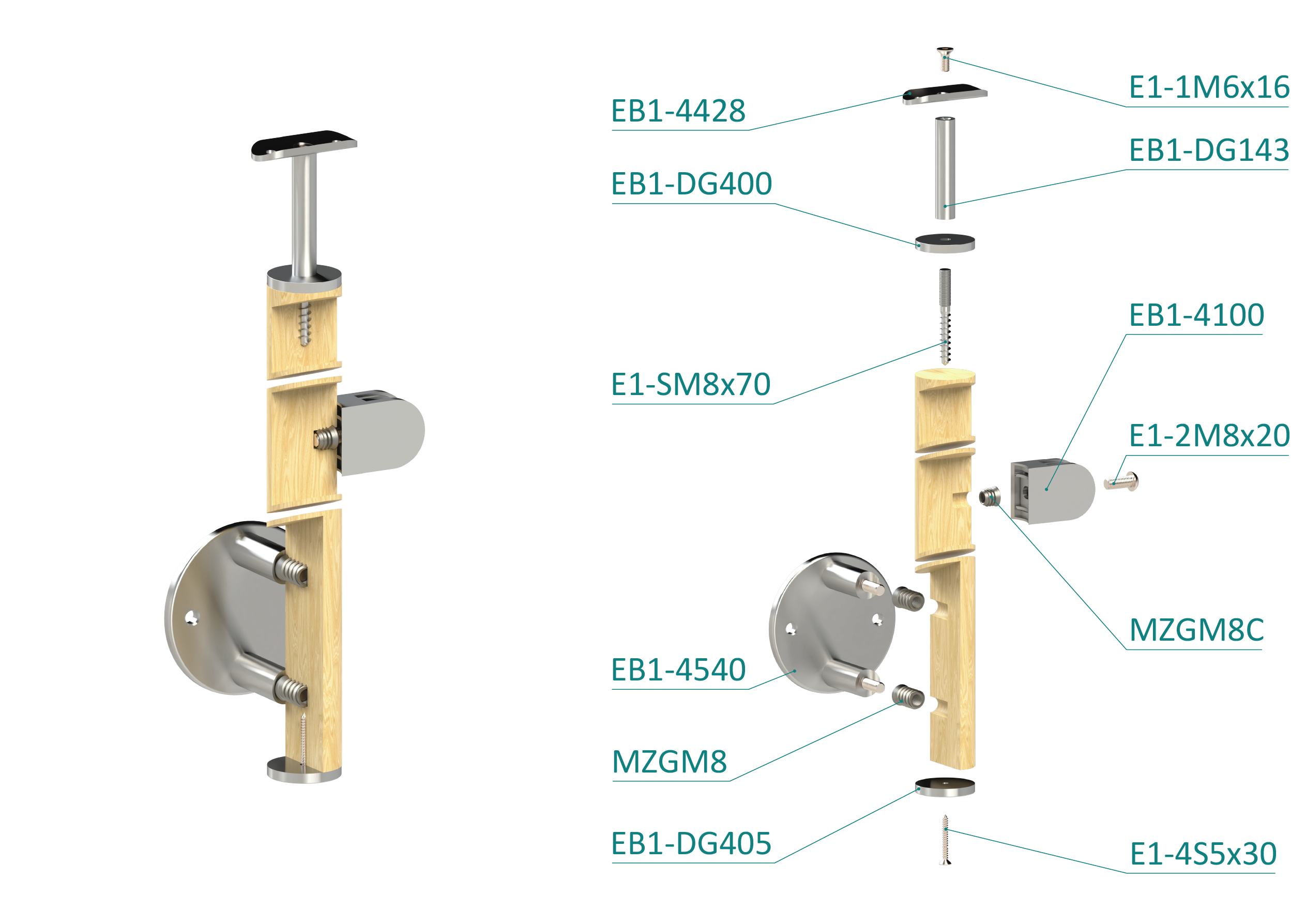 Drevený stĺp, bočné kotvenie, výplň: sklo, pravý