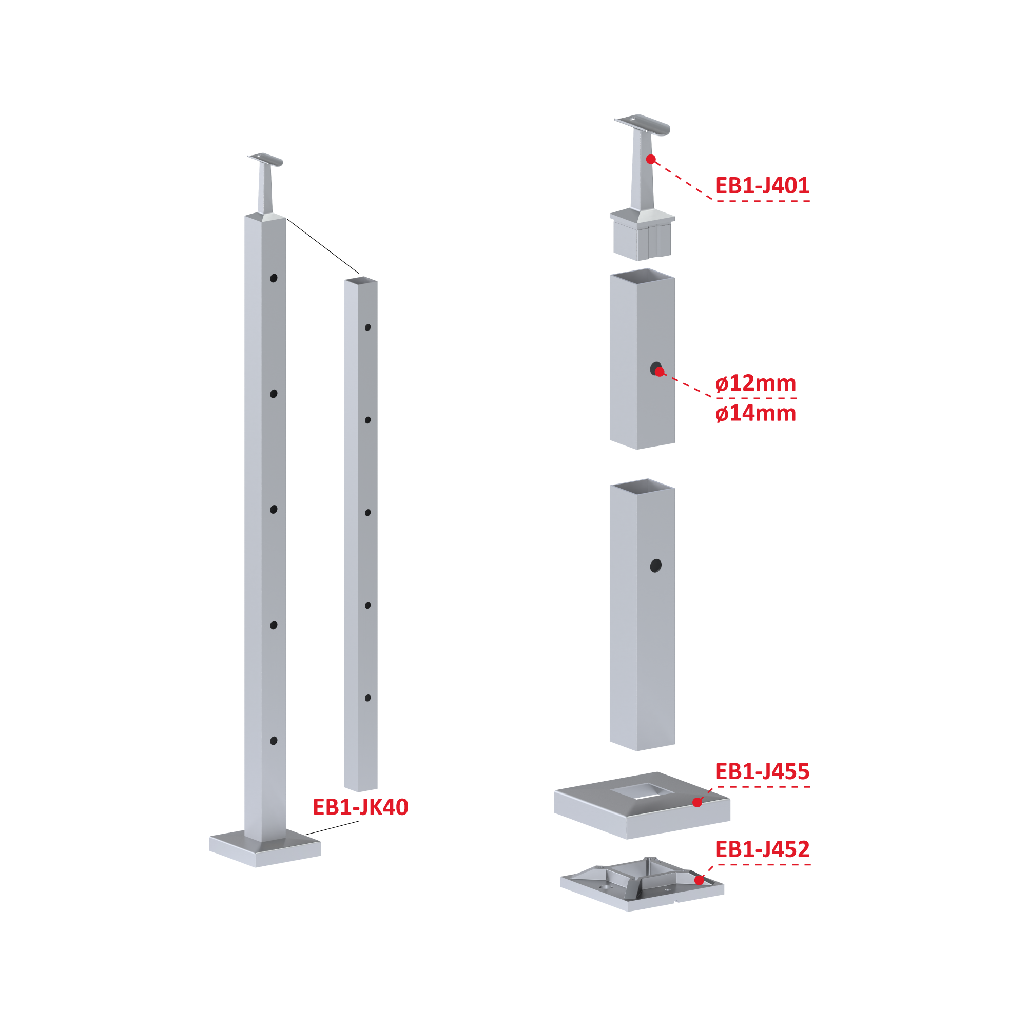 Nerezový stĺp, vrchné kotvenie, 5-dierový koncový Priemer výplne 12