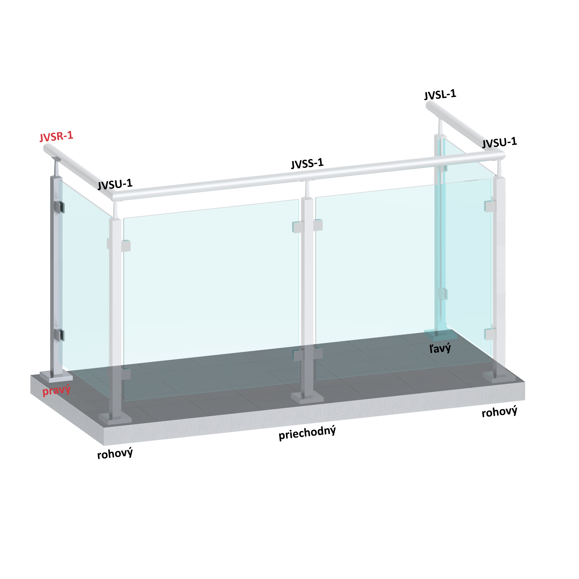 Nerezový stĺp, vrchné kotvenie, výplň: sklo, pravý