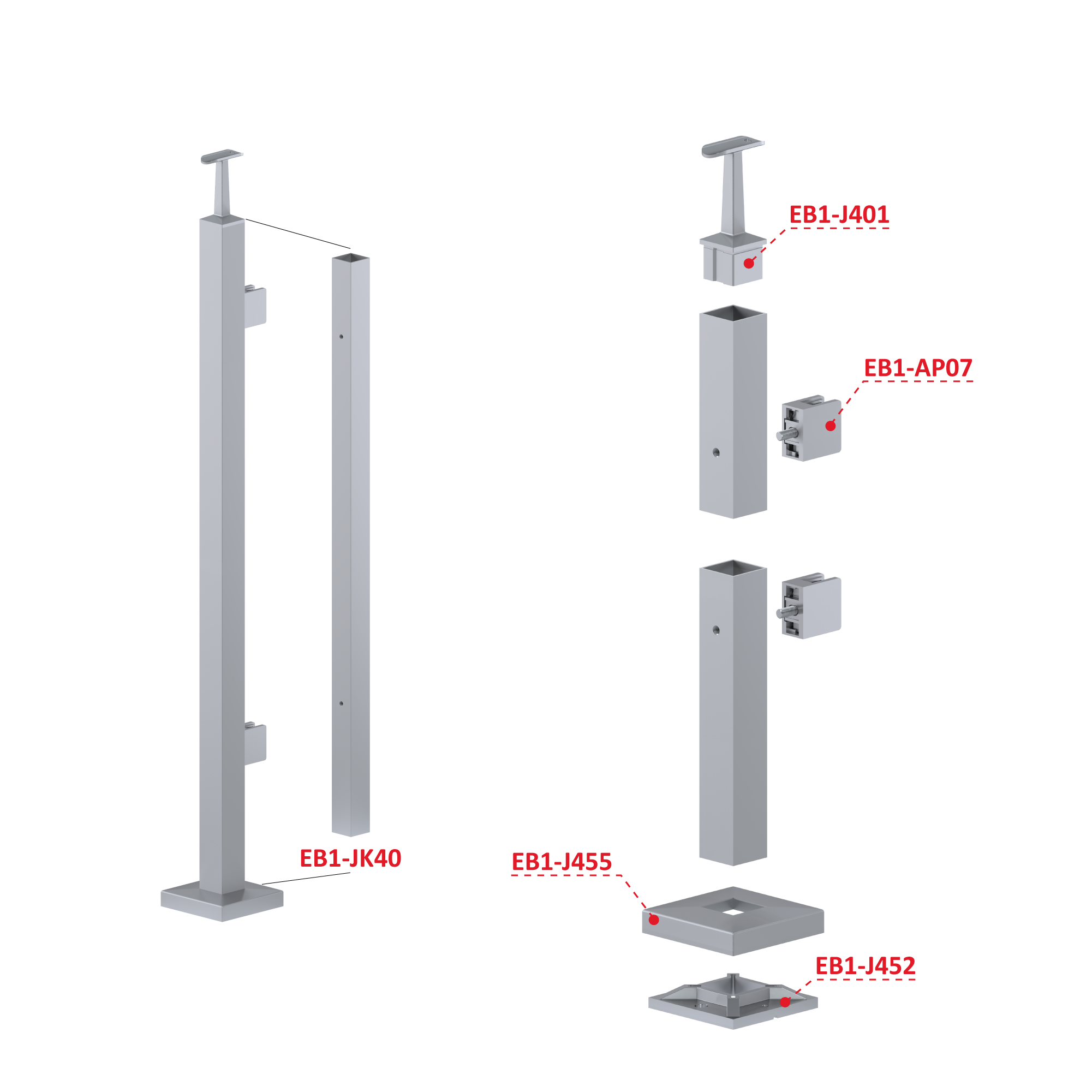 Nerezový stĺp, vrchné kotvenie, výplň: sklo, pravý