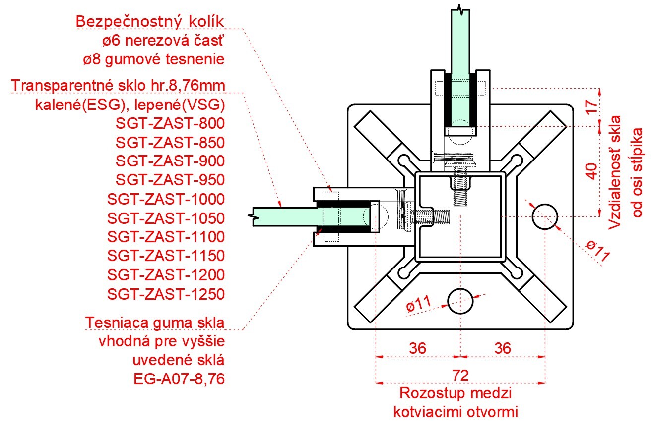 Nerezový stĺp, vrchné kotvenie, výplň: sklo, rohový