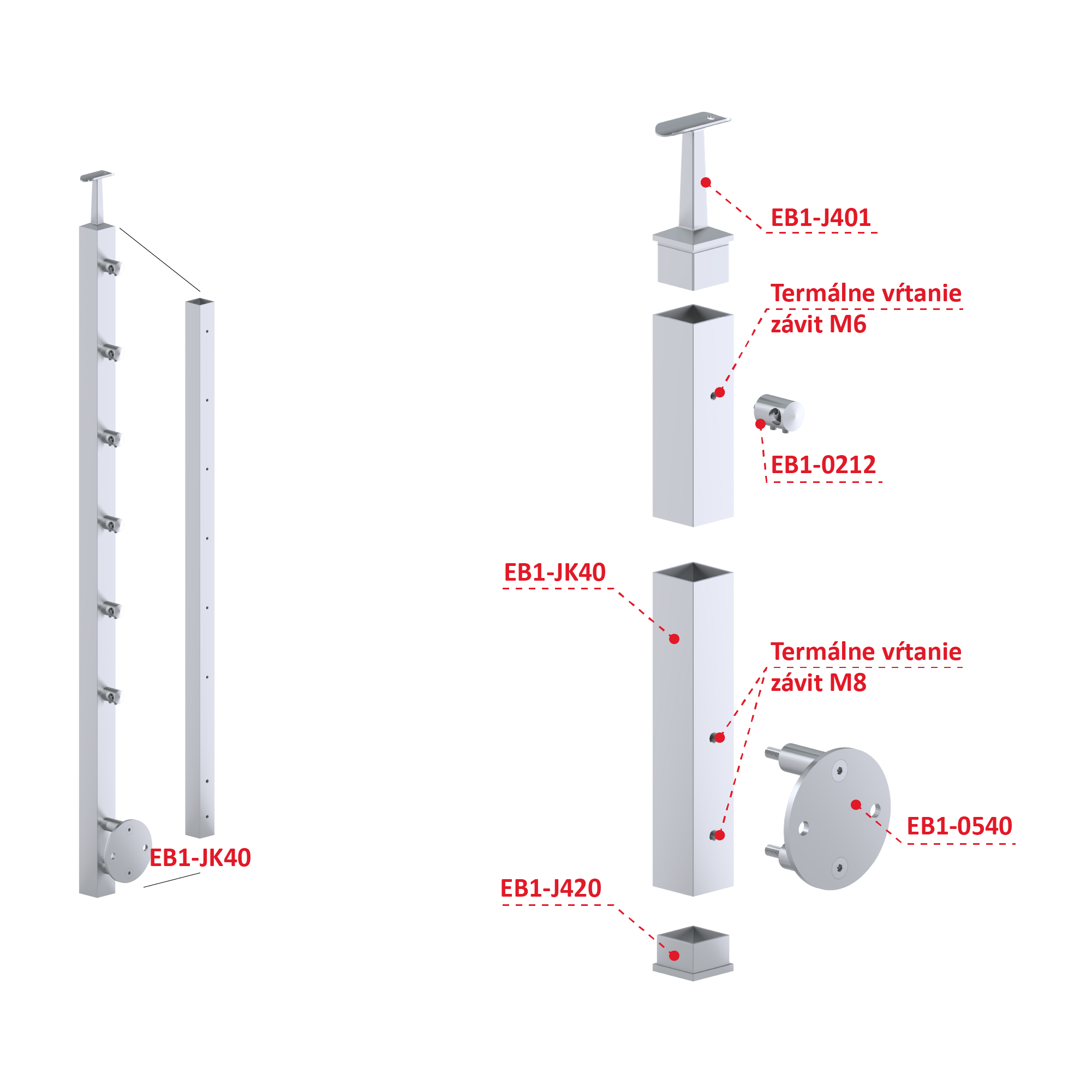 Nerezový stĺp, bočné kotvenie, 6-radový priechodný, vnútorný