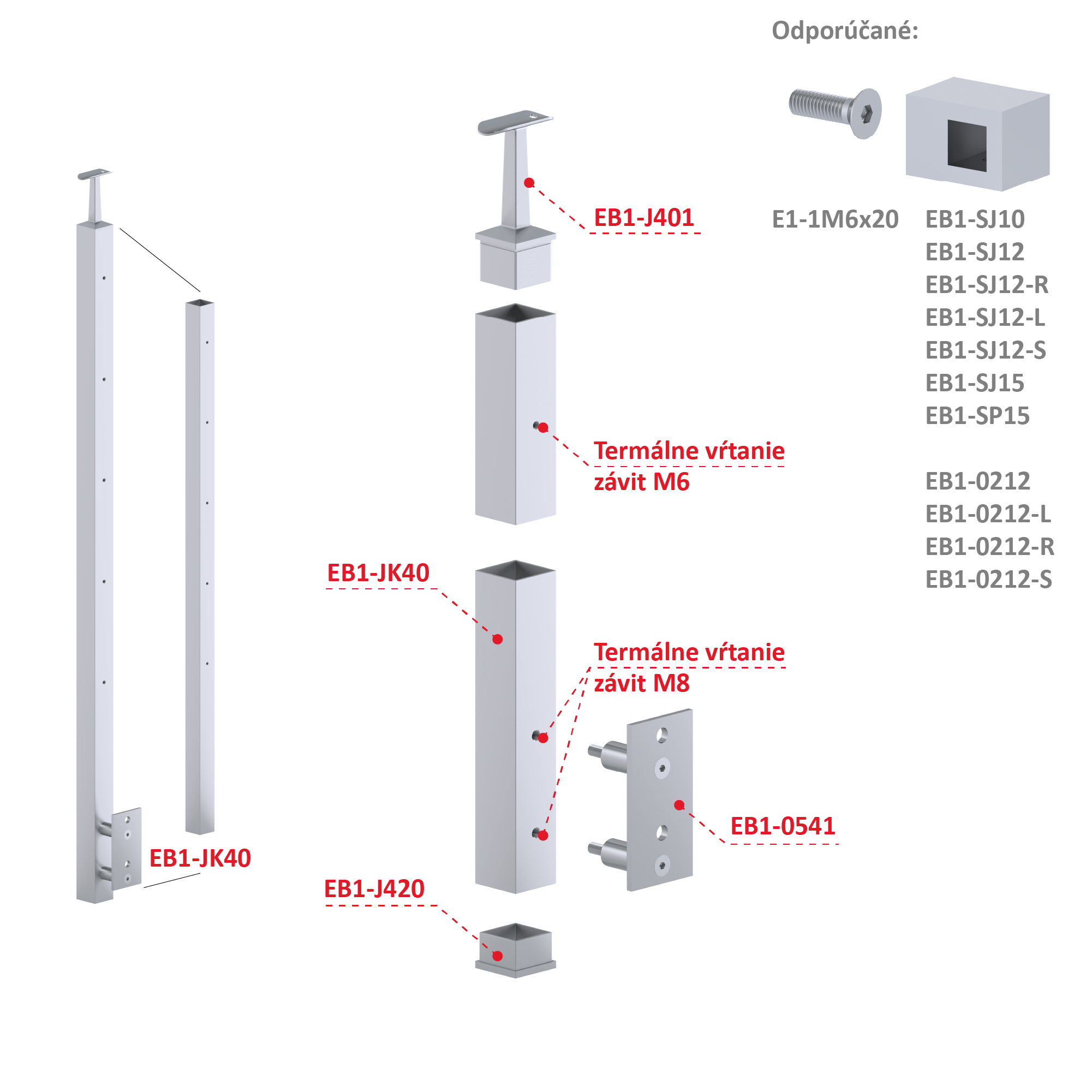 Nerezový stĺp, bočné kotvenie, 5-radový M6, vnútorný