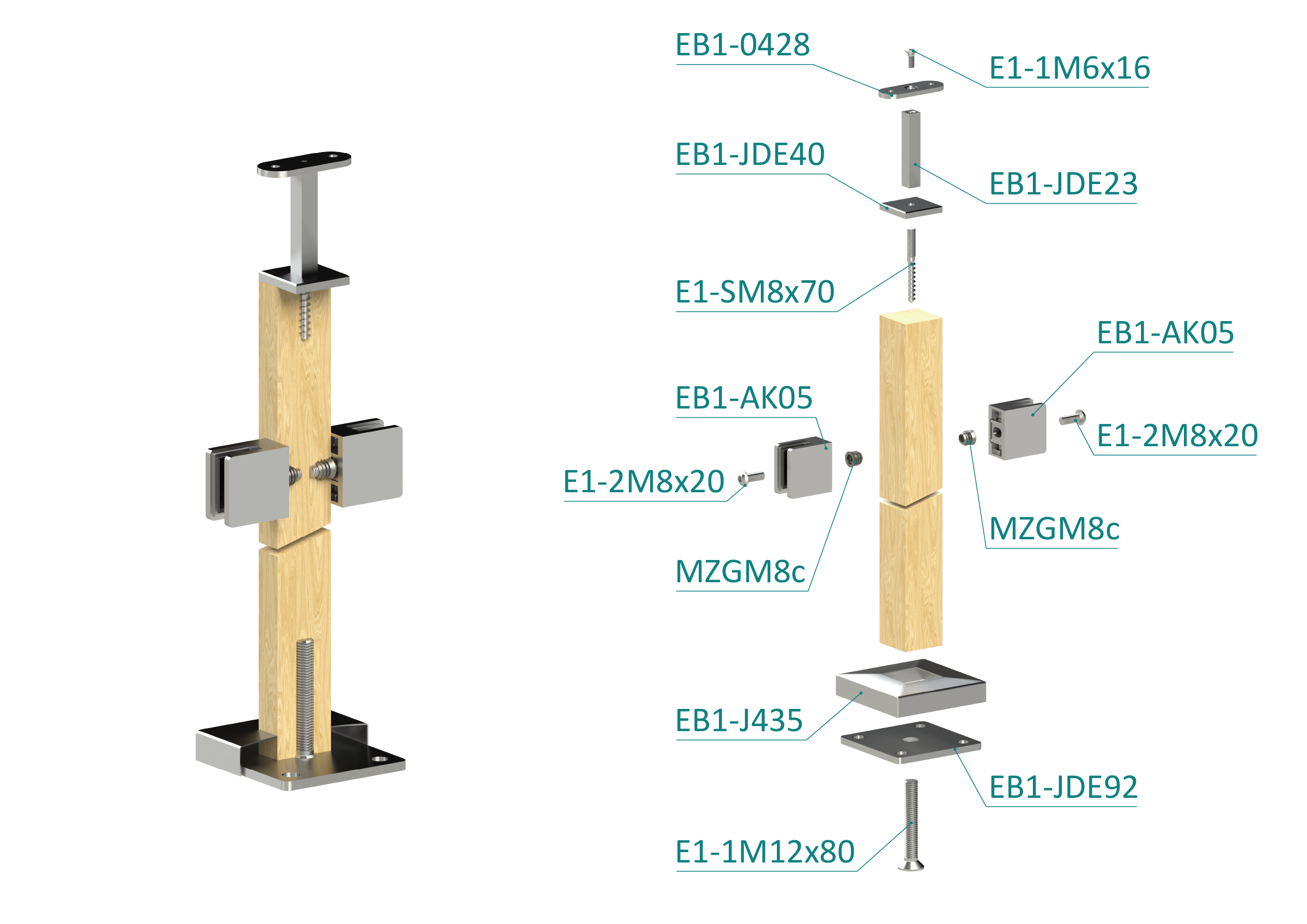 Drevený stĺp, vrchné kotvenie, výplň: sklo, priechodný