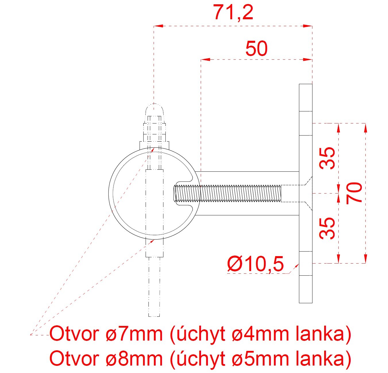Nerezový stĺp, bočné kotvenie, 6-dierový, lanko, koncový Priemer otvoru 7 mm