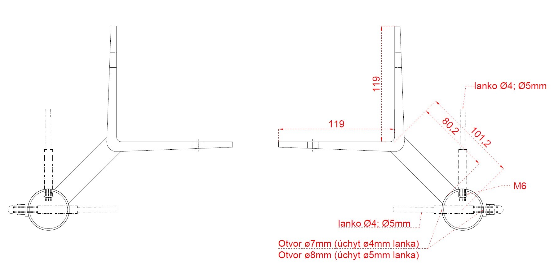 Nerezový stĺp, bočné kotvenie, 8-dierový, lanko, rohový 90° Priemer otvoru 7 mm