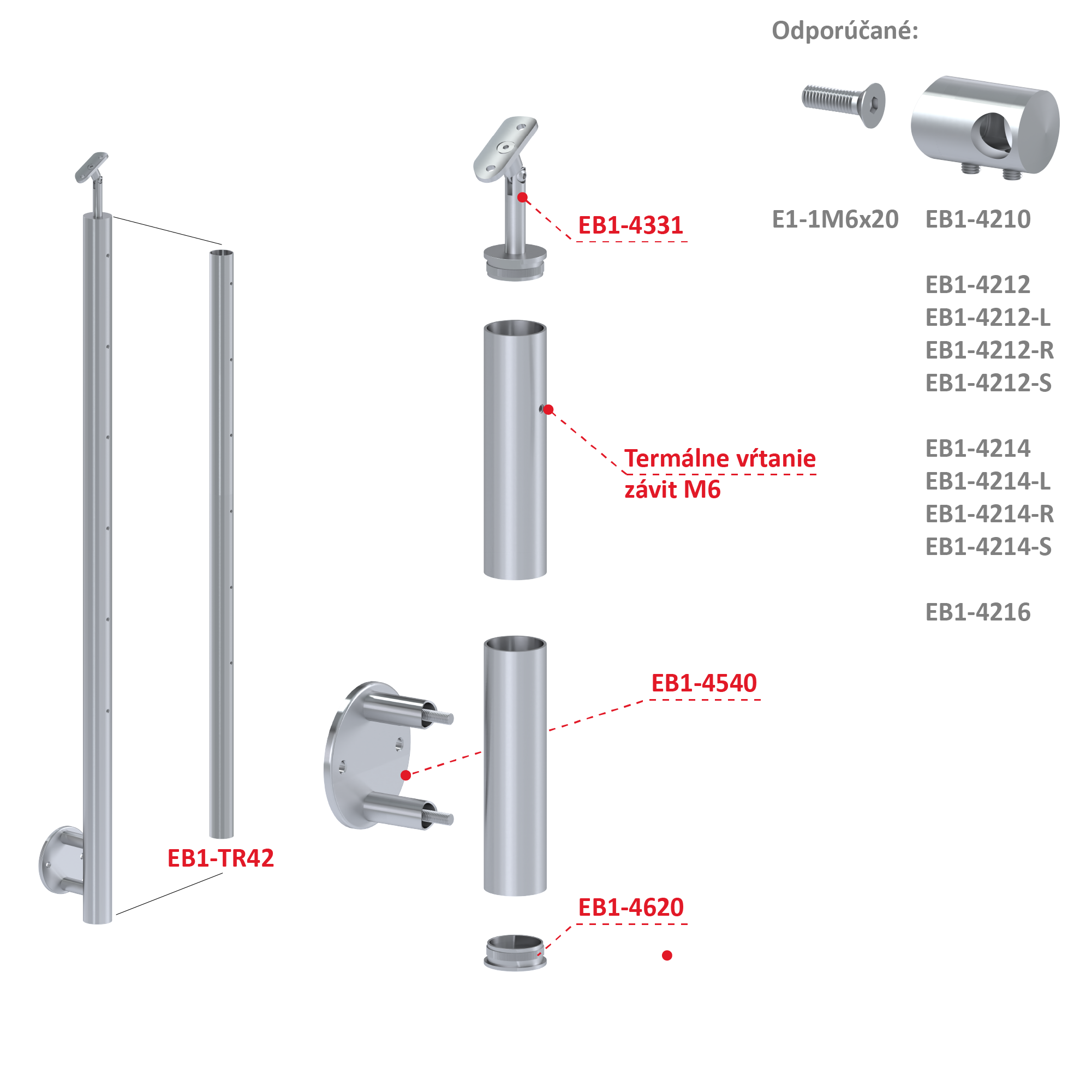 Nerezový stĺp, bočné kotvenie, 6-radový M6 Rozmer B