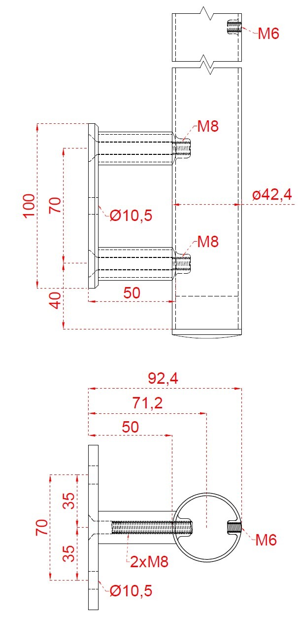 Nerezový stĺp, bočné kotvenie, 6-radový M6 Rozmer B