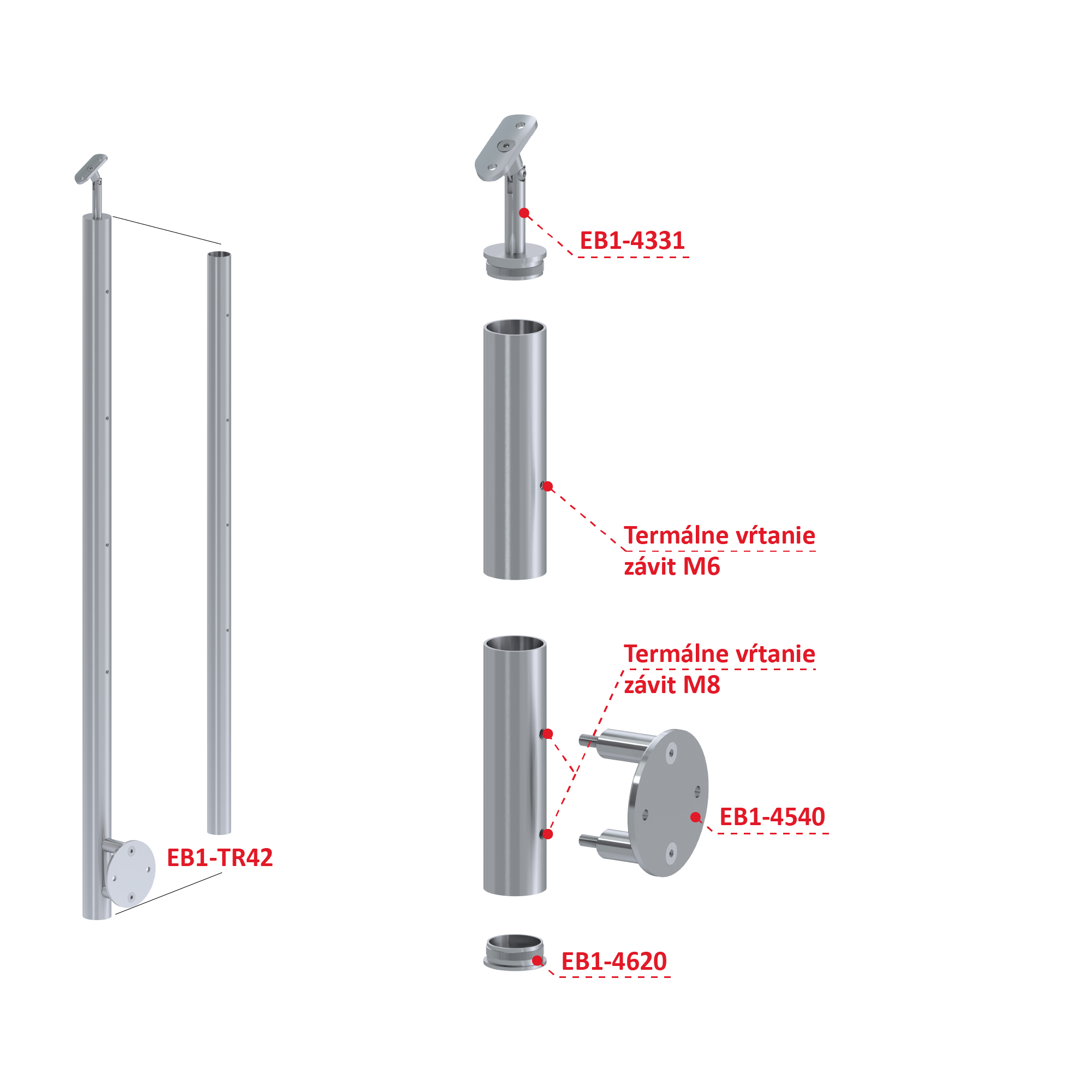 Nerezový stĺp, bočné kotvenie, bez výplne, 4-radový Rozmer A