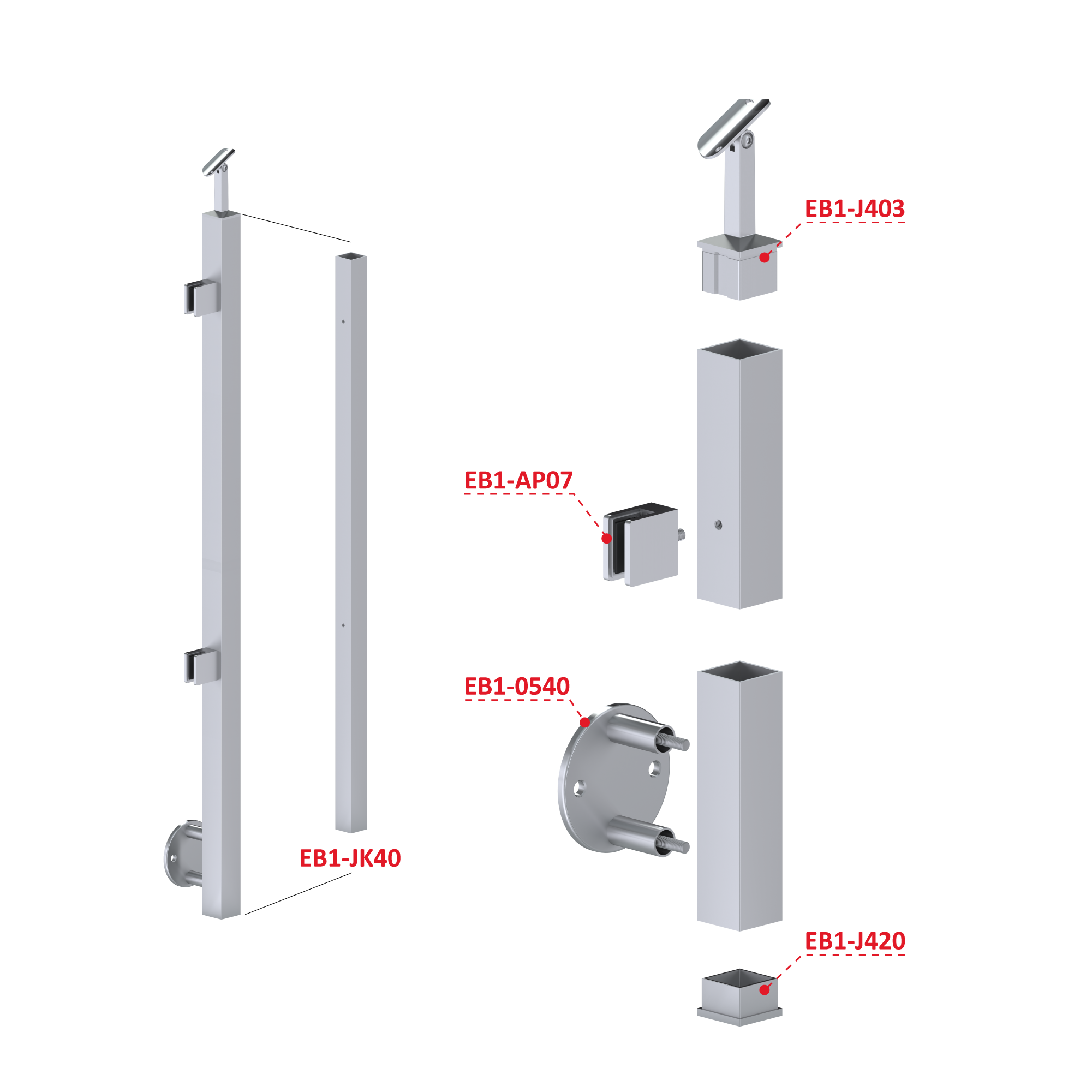 Nerezový stĺp, bočné kotvenie, výplň: sklo, ľavý Rozmer A