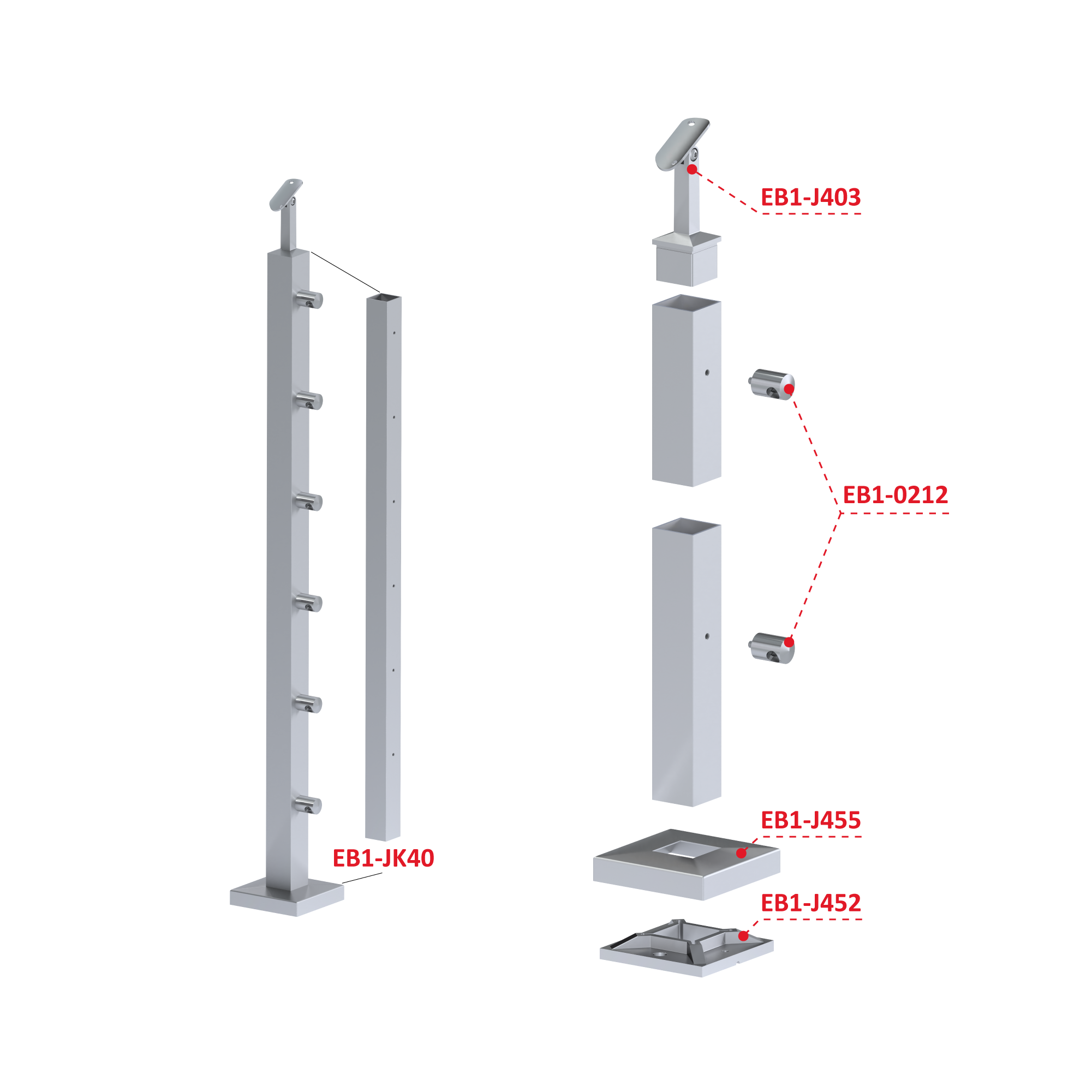 Nerezový stĺp, vrchné kotvenie, 6-radový priechodný Rozmer B