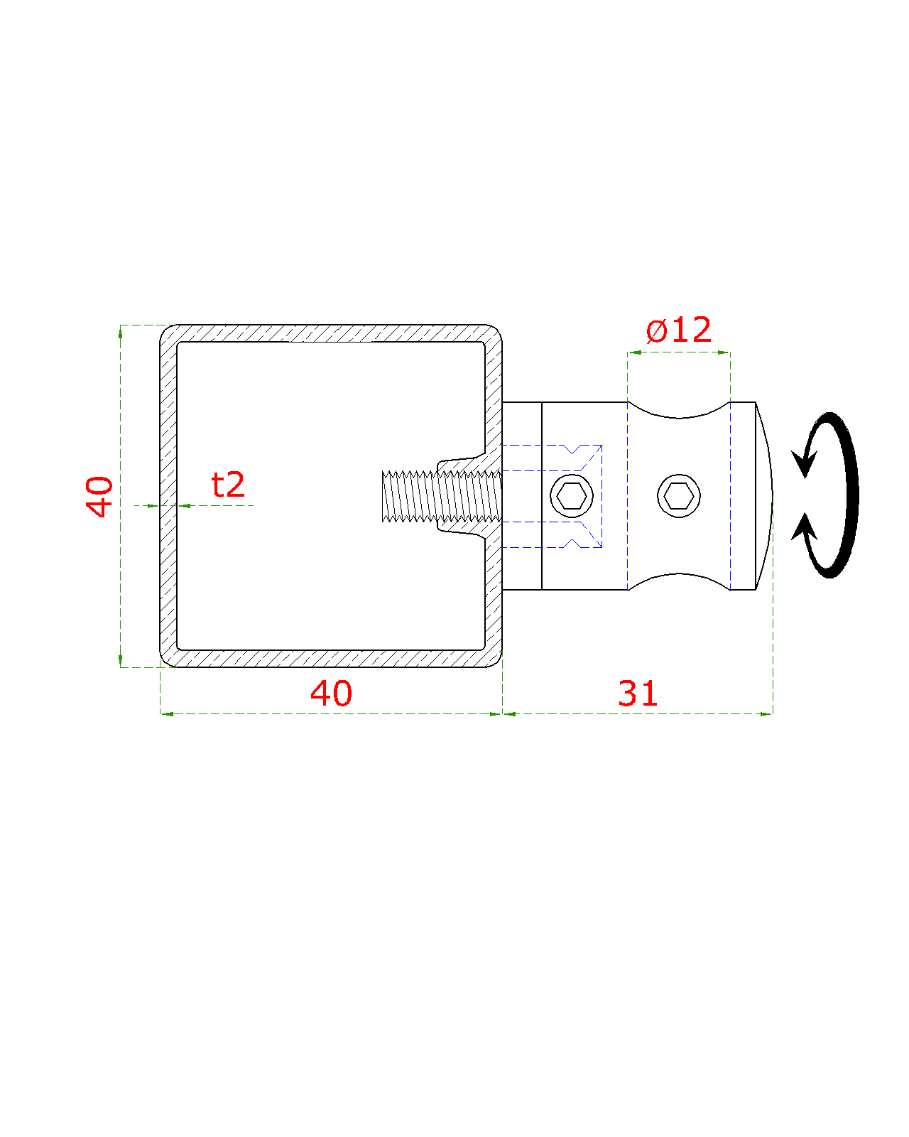 Nerezový stĺp, vrchné kotvenie, 6-radový priechodný Rozmer B
