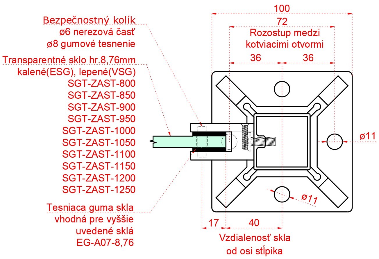 Nerezový stĺp, vrchné kotvenie, výplň: sklo, ľavý Rozmer B