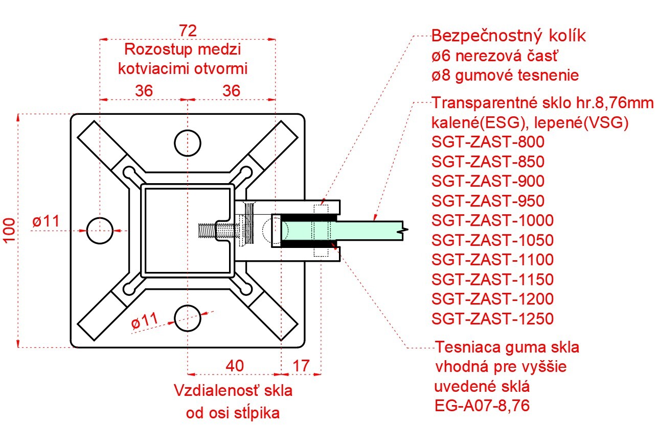 Nerezový stĺp, vrchné kotvenie, výplň: sklo, pravý Rozmer B