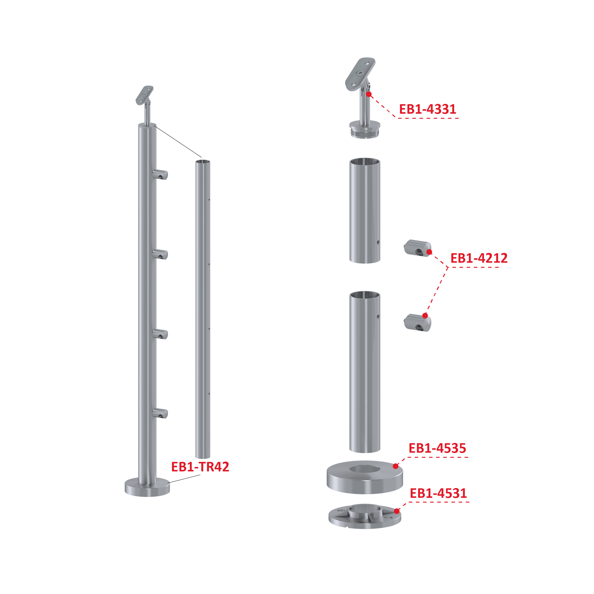 Nerezový stĺp, vrchné kotvenie, 4-radový, priechodný Rozmer B