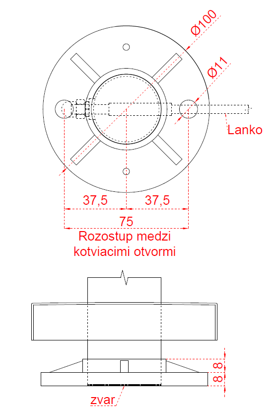 Nerezový stĺp, vrchné kotvenie, 6-dierový, lanko, koncový Rozmer A