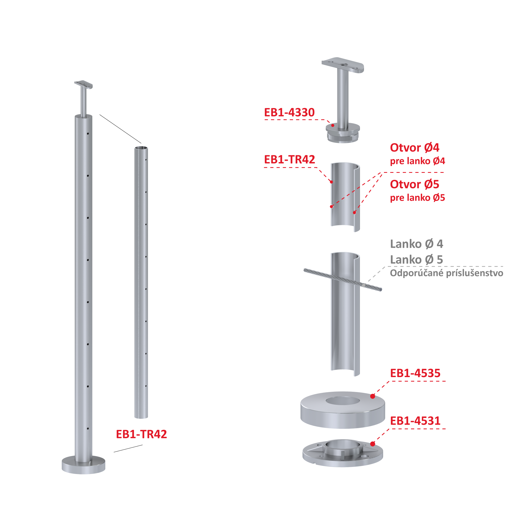 Nerezový stĺp, vrchné kotvenie, 8-dierový, lanko, priechodný Priemer otvoru 4