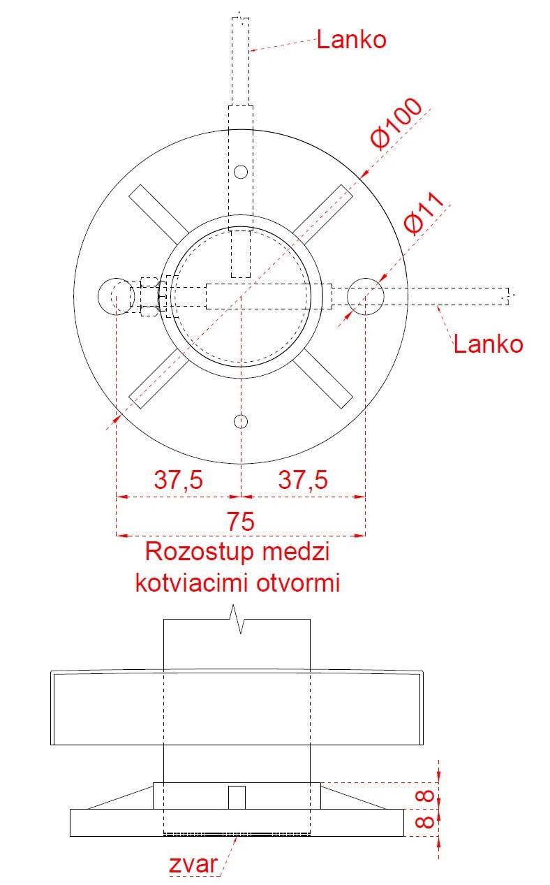 Nerezový stĺp, vrchné kotvenie, 8-dierový, lanko, rohový 90° Priemer otvoru 8 mm