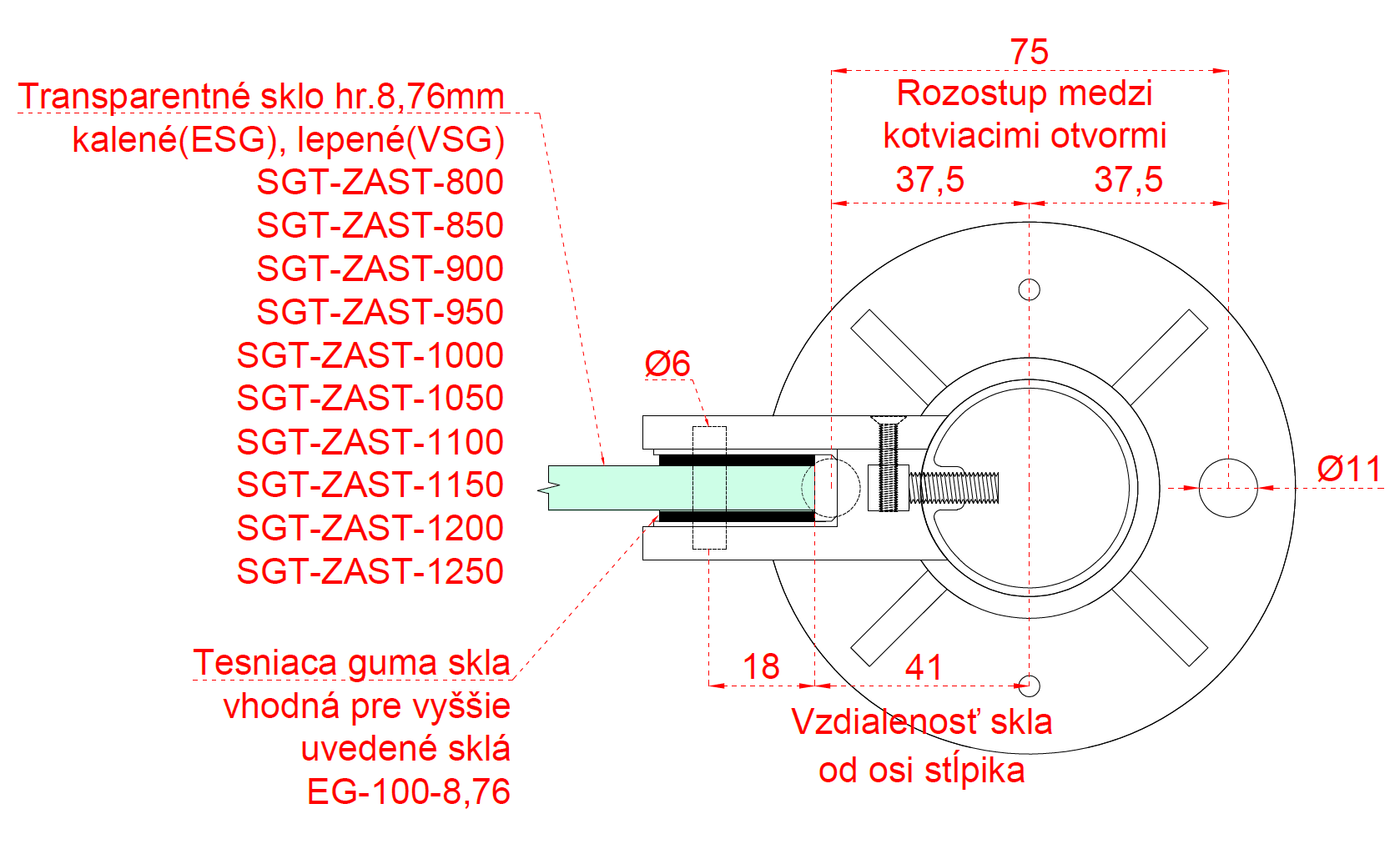 Nerezový stĺp, vrchné kotvenie, výplň: sklo, ľavý Rozmer B