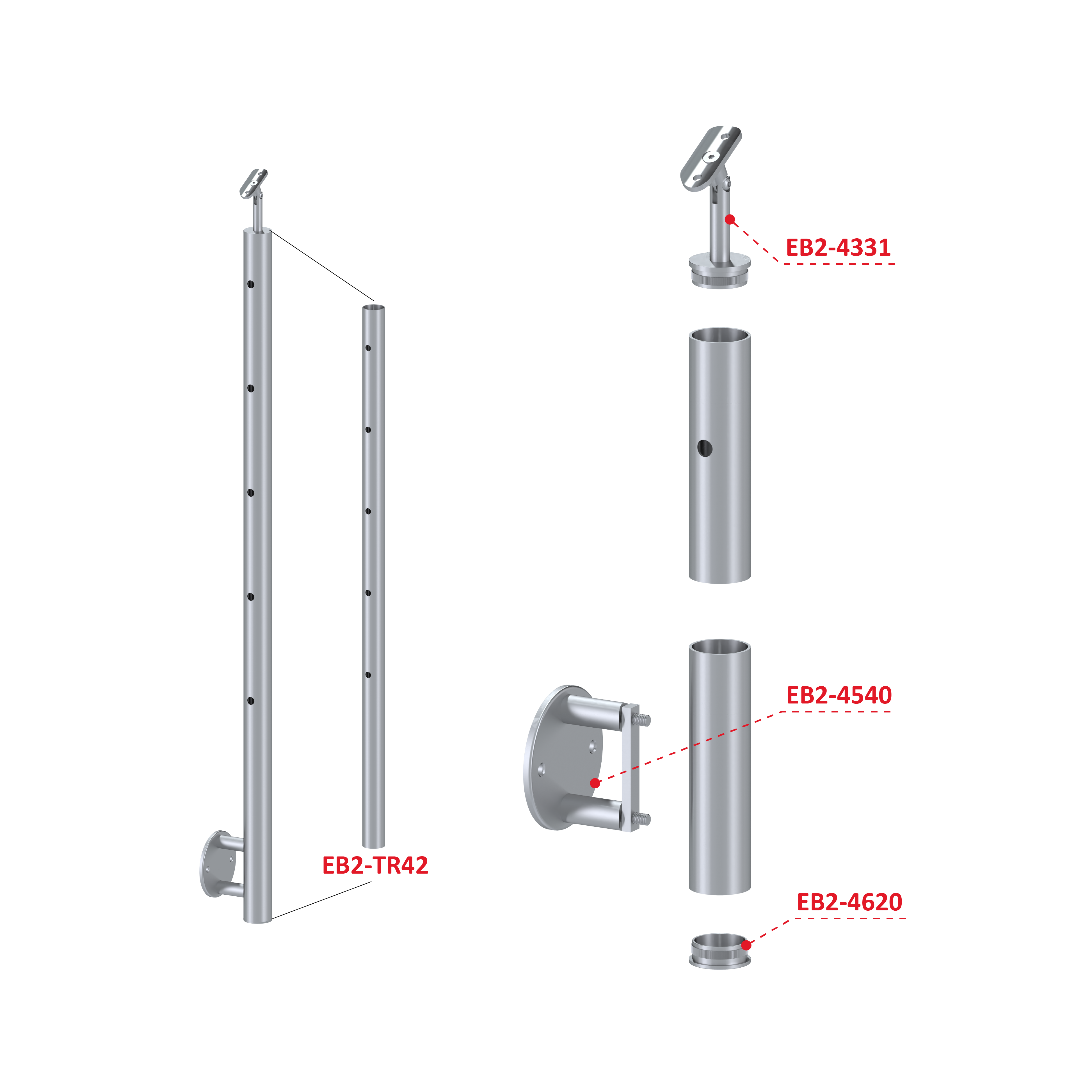 Nerezový stĺp, bočné kotvenie, 5-dierový koncový, ľavý Rozmer A