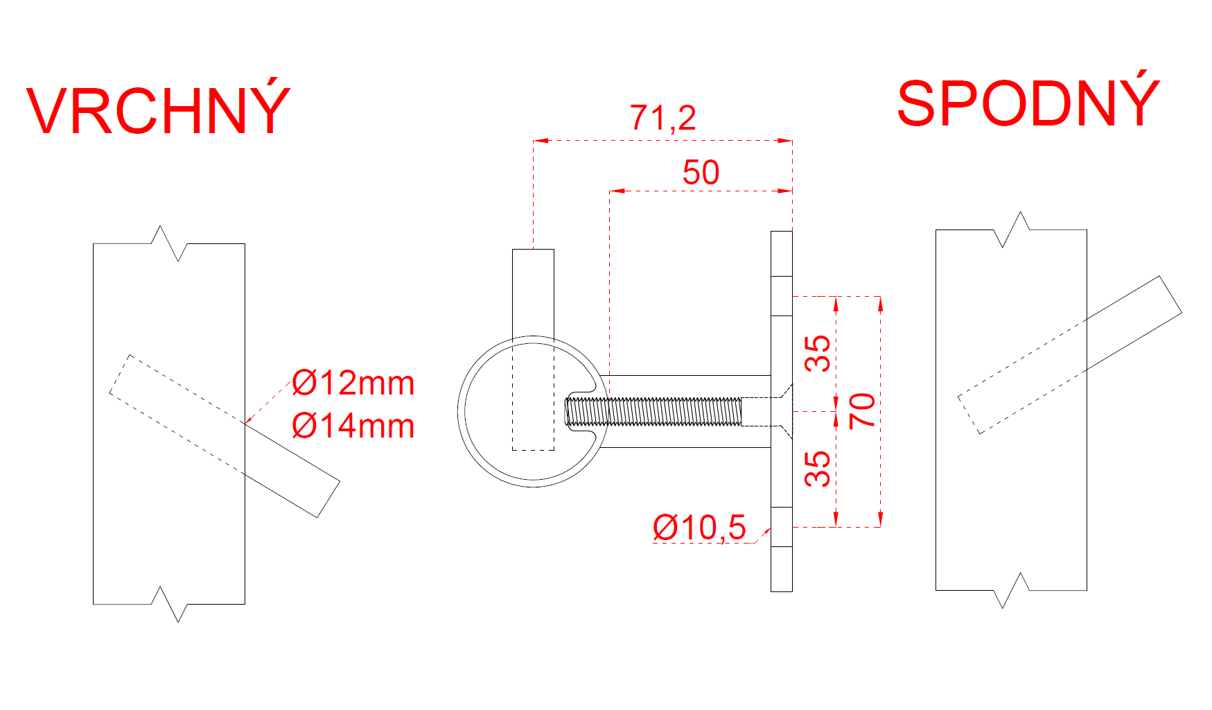 Nerezový stĺp, bočné kotvenie, 5-dierový koncový, ľavý Rozmer A