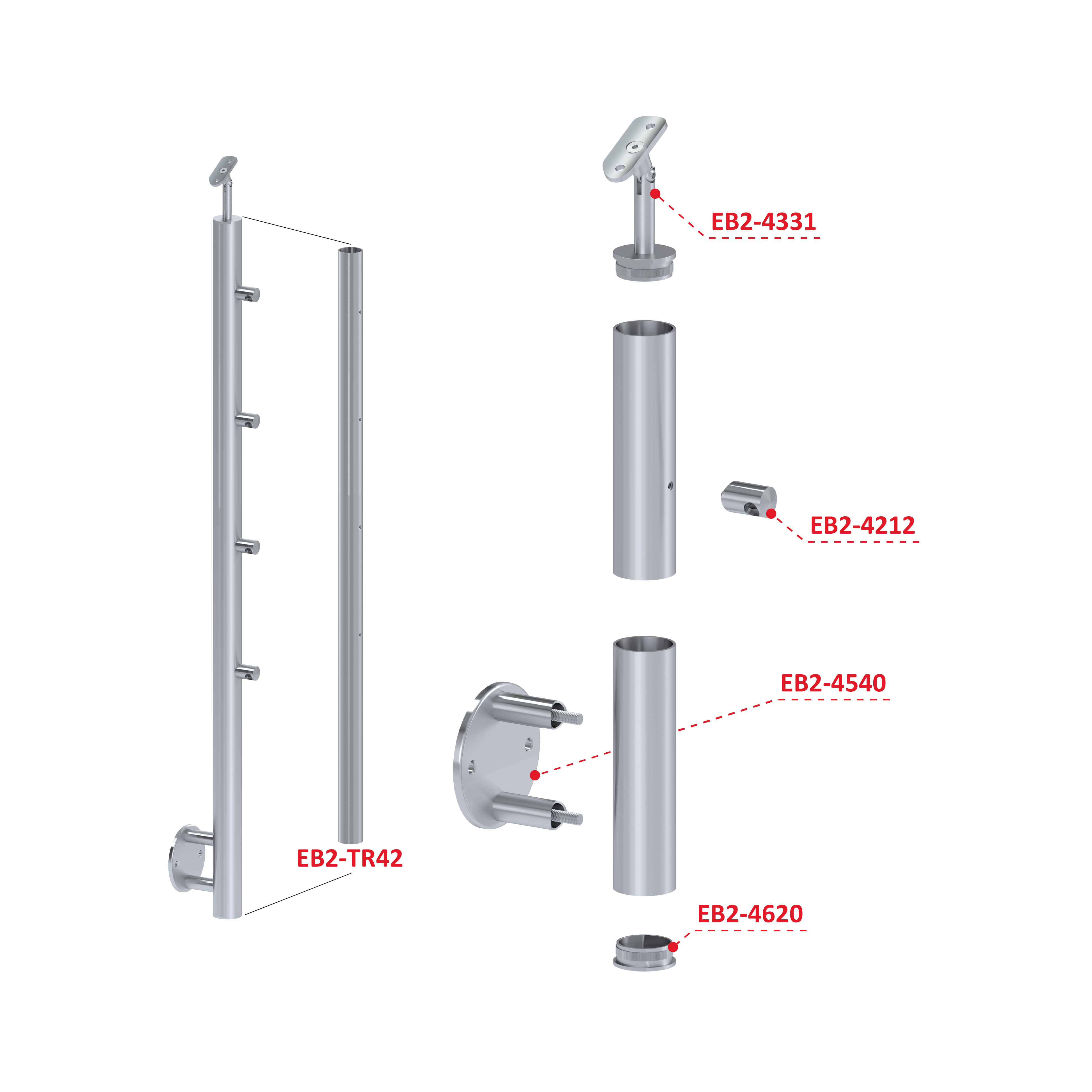 Nerezový stĺp, bočné kotvenie, 4-radový priechodný Rozmer A