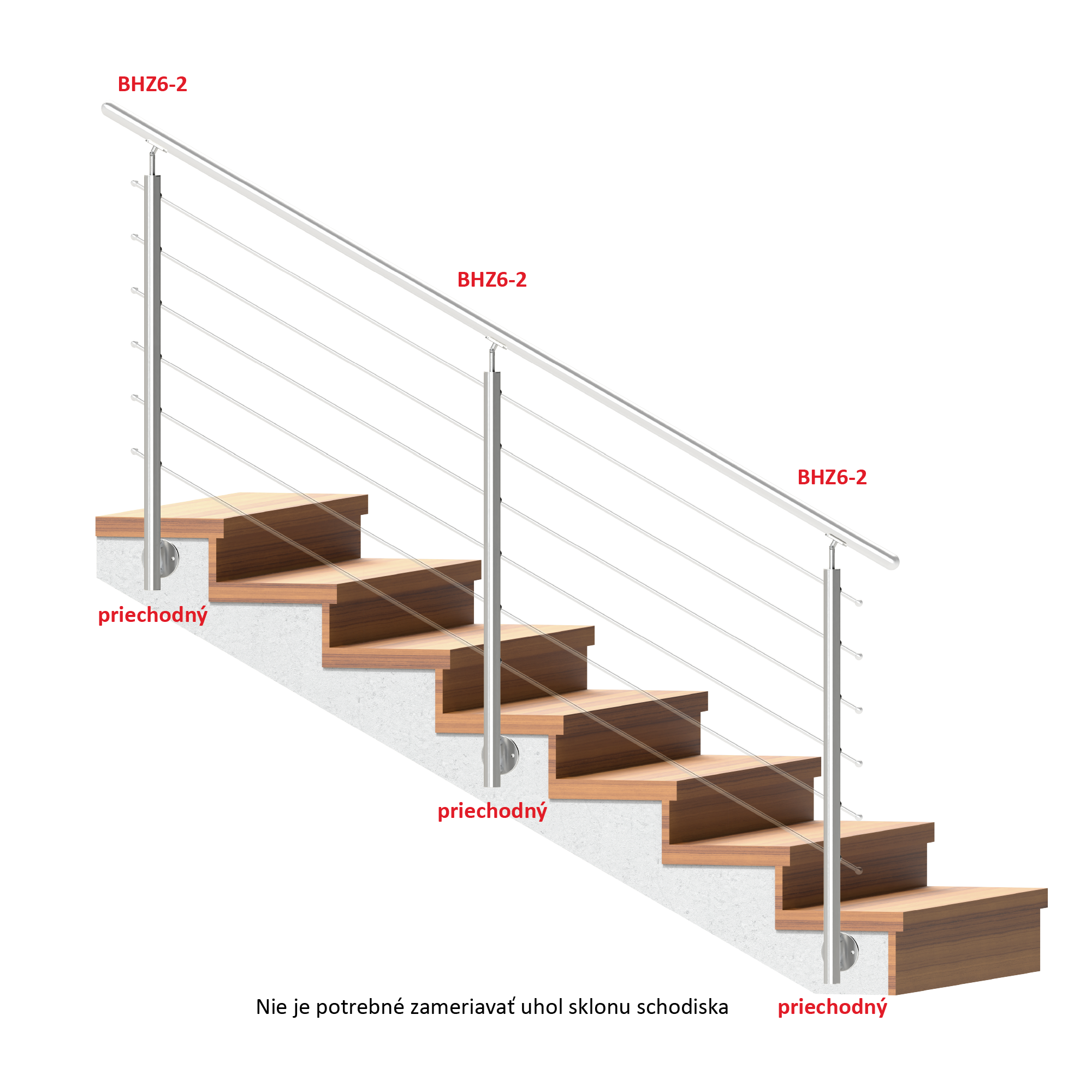 Nerezový stĺp, bočné kotvenie, 6-radový priechodný Rozmer A