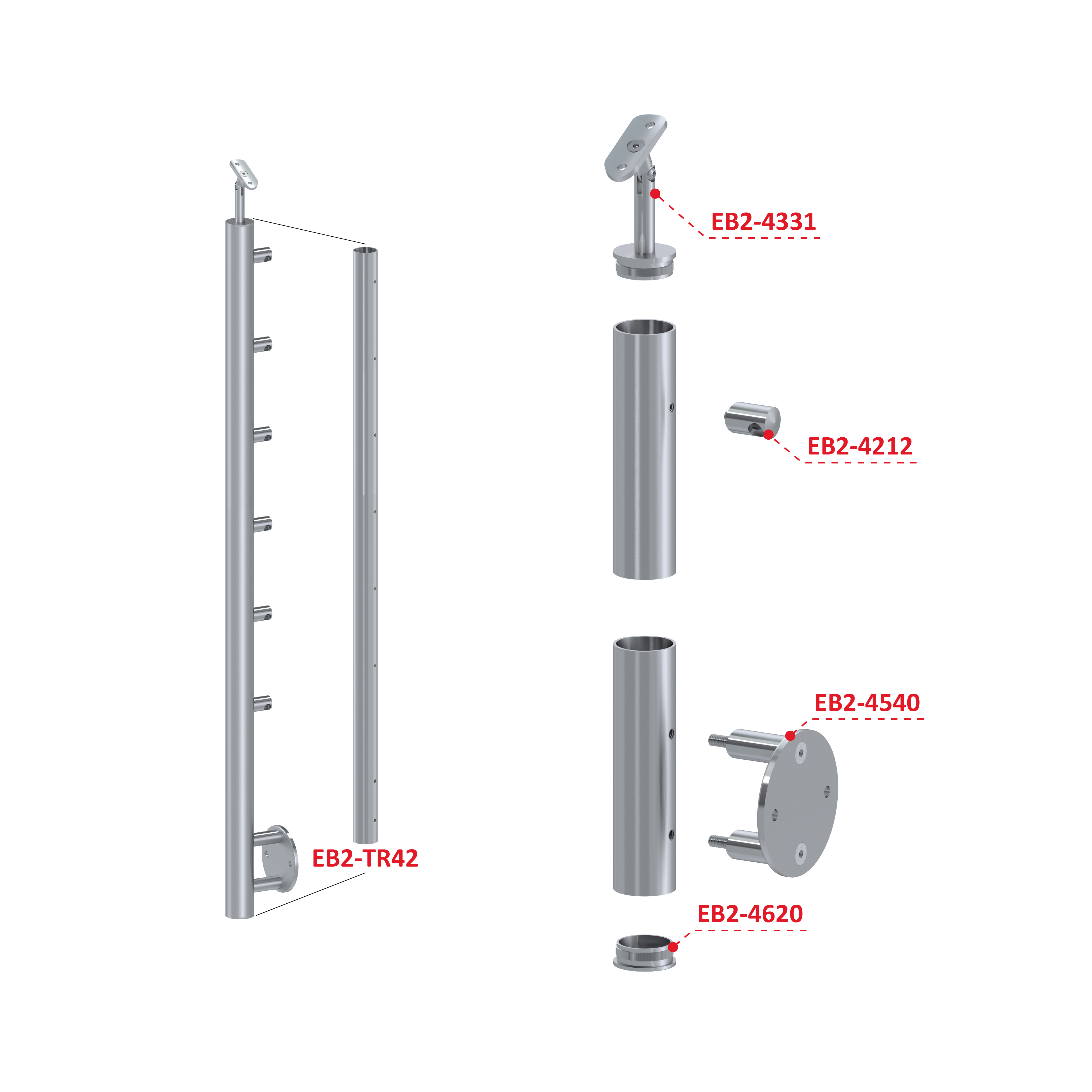 Nerezový stĺp, bočné kotvenie, 6-radový priechodný Rozmer A