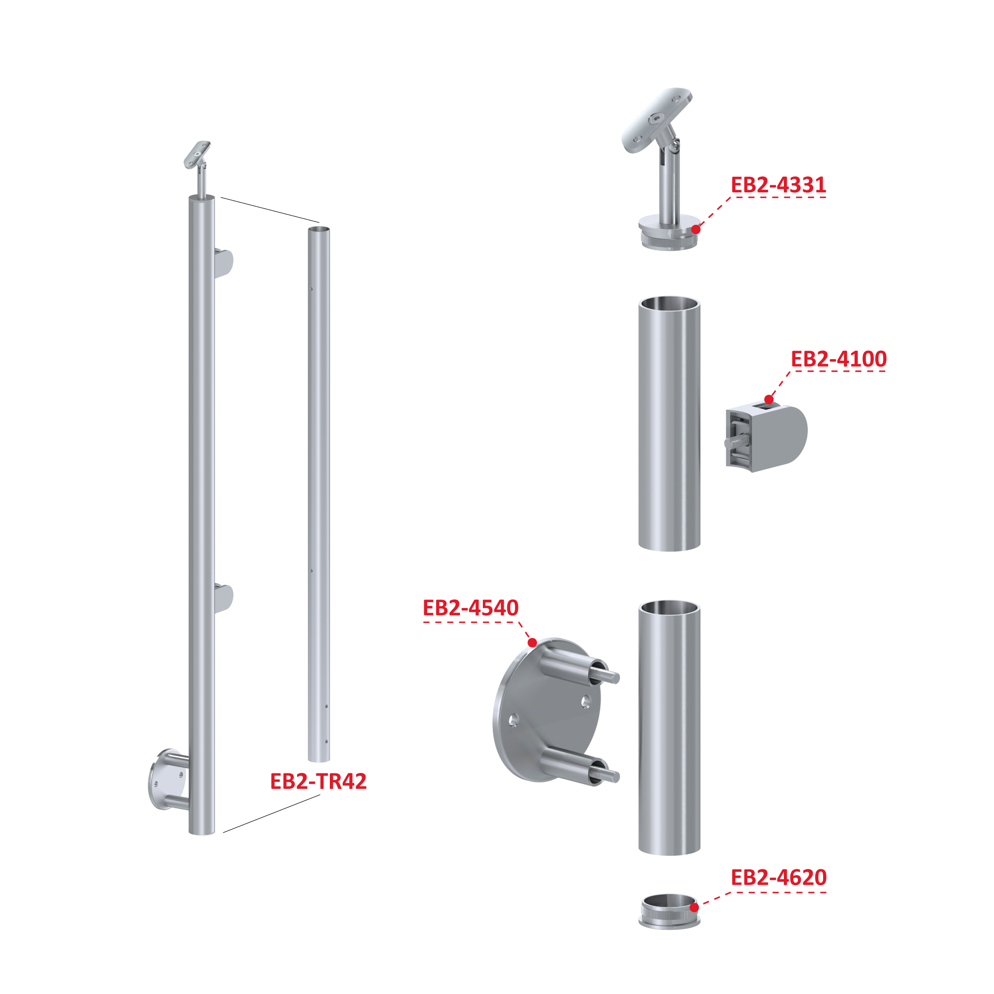 Nerezový stĺp, bočné kotvenie, výplň: sklo, pravý Rozmer B