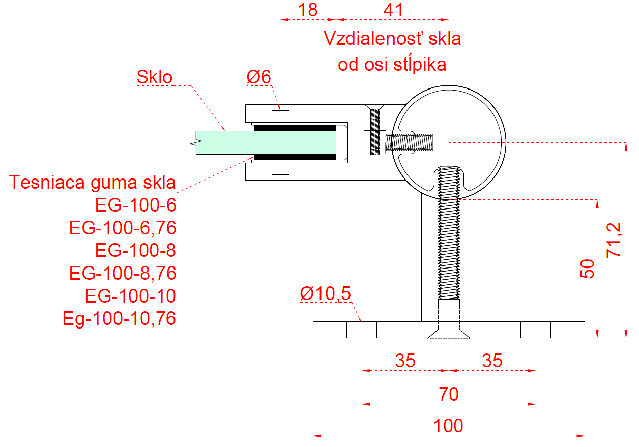 Nerezový stĺp, bočné kotvenie, výplň: sklo, pravý Rozmer B
