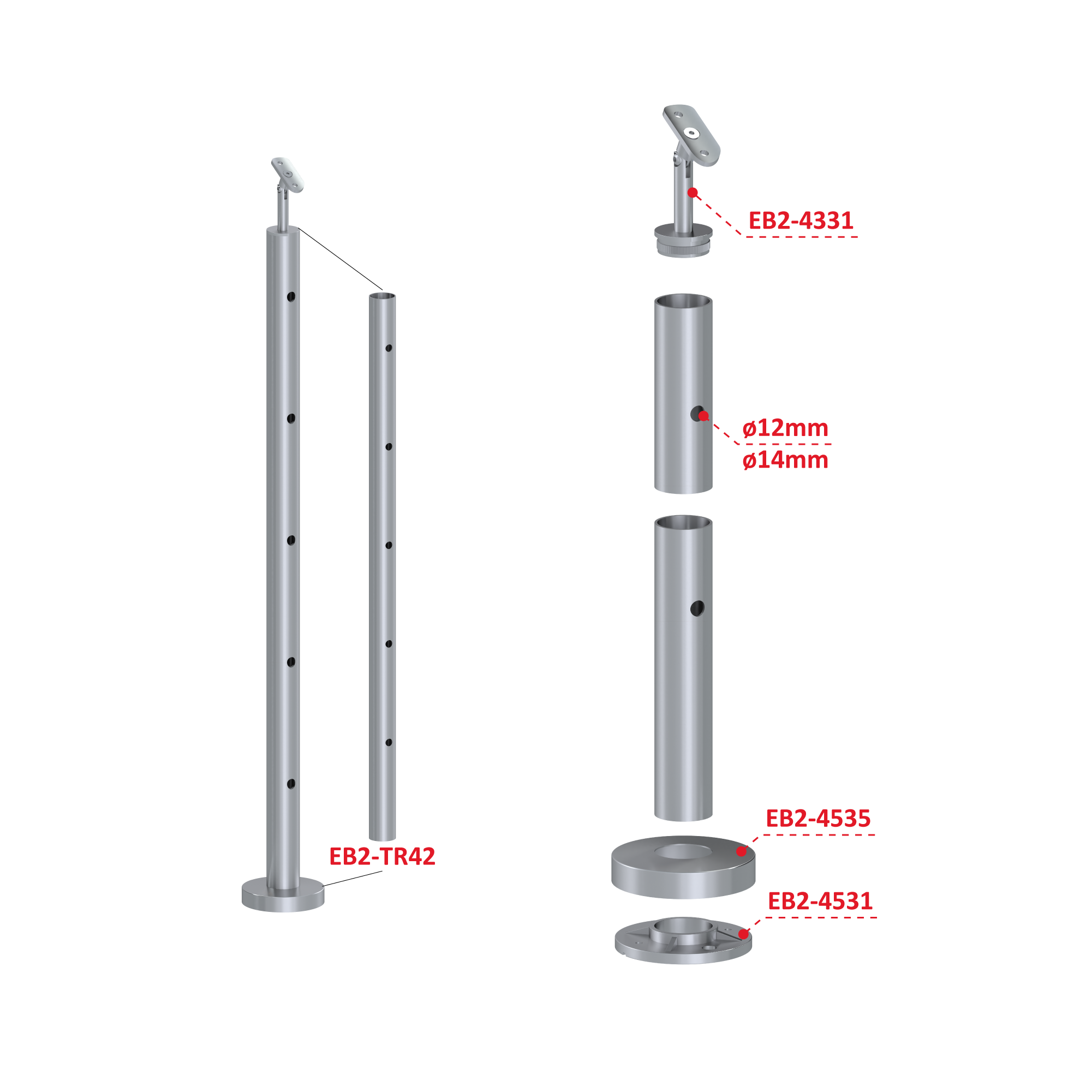 Nerezový stĺp, vrchné kotvenie, 5-dierový priechodný Rozmer A