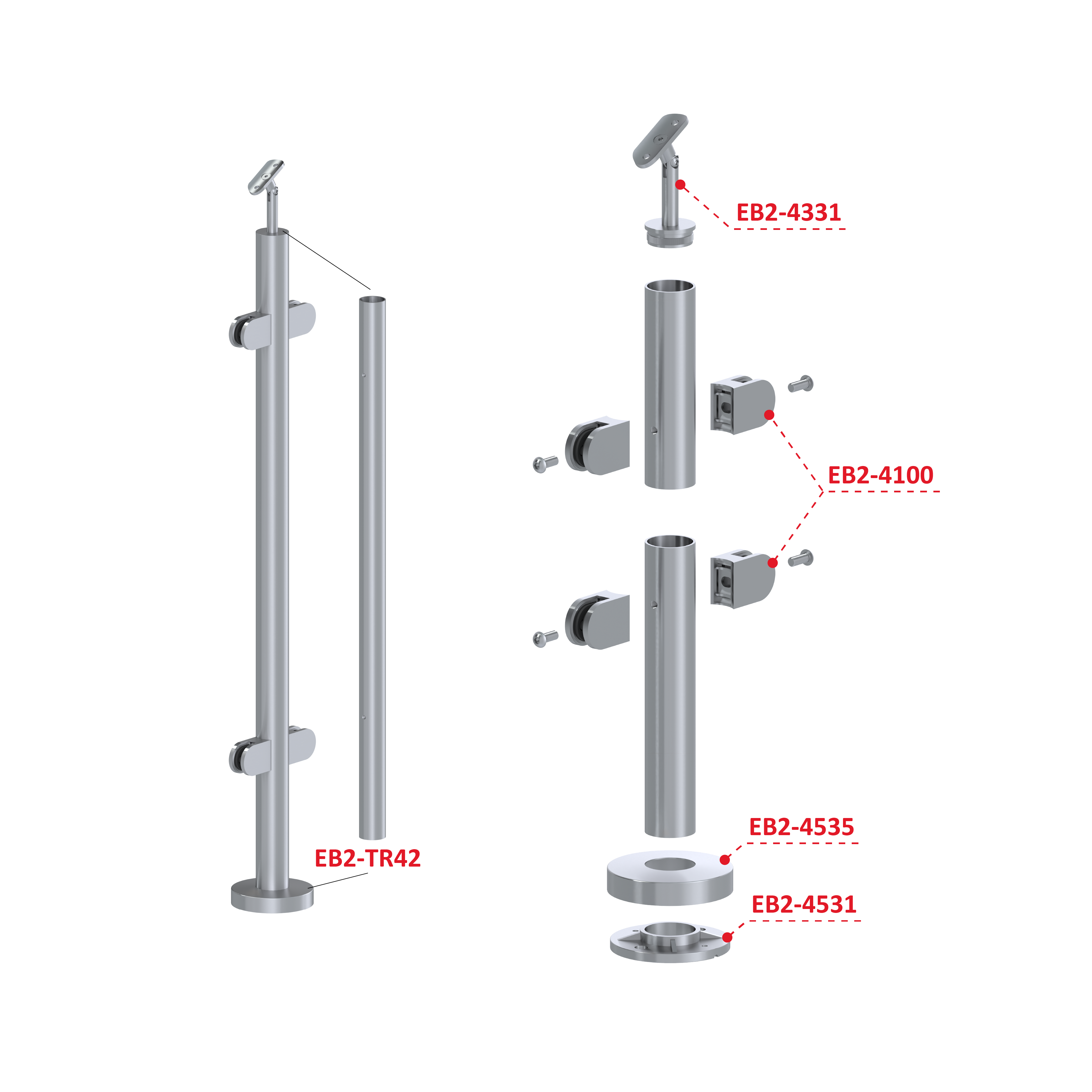 Nerezový stĺp, vrchné kotvenie, výplň: sklo, priechodný Rozmer A