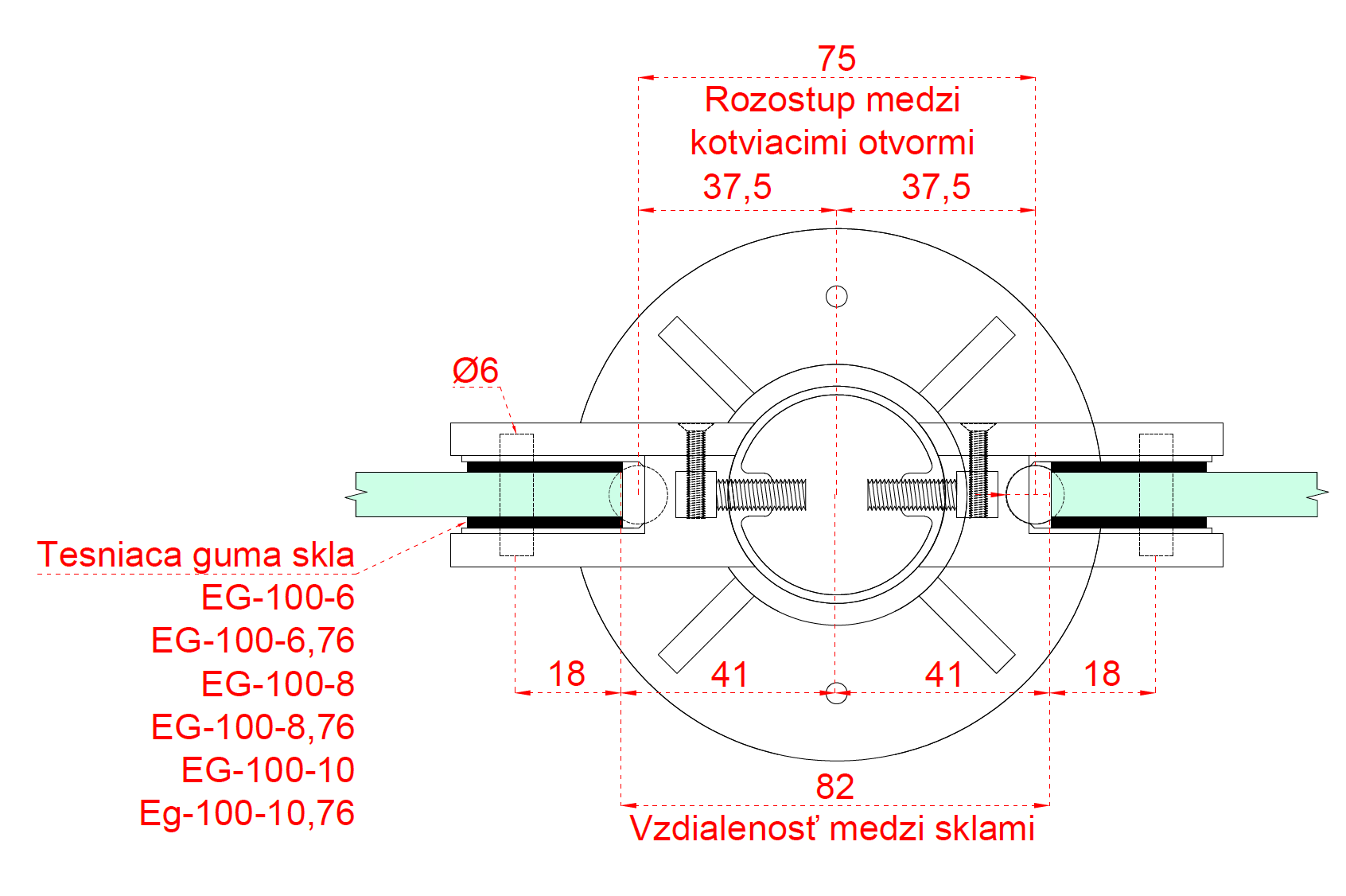 Nerezový stĺp, vrchné kotvenie, výplň: sklo, priechodný Rozmer B