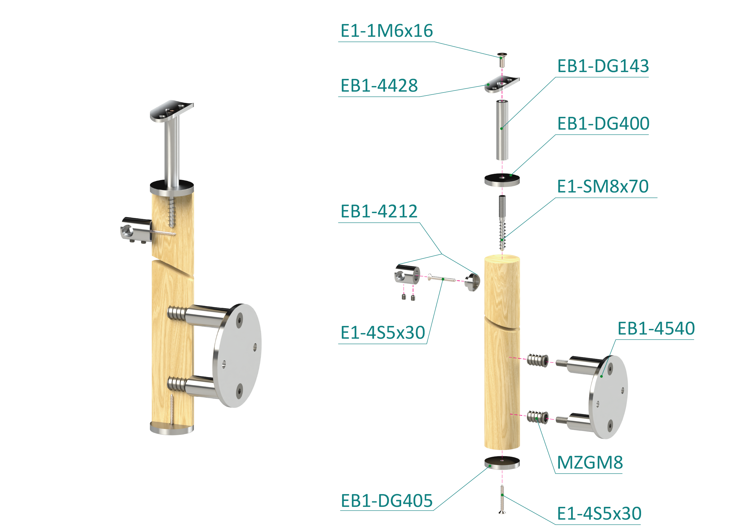 Drevený stĺp, bočné kotvenie, 4-radový, priechodný, vonkajší Rozmer B