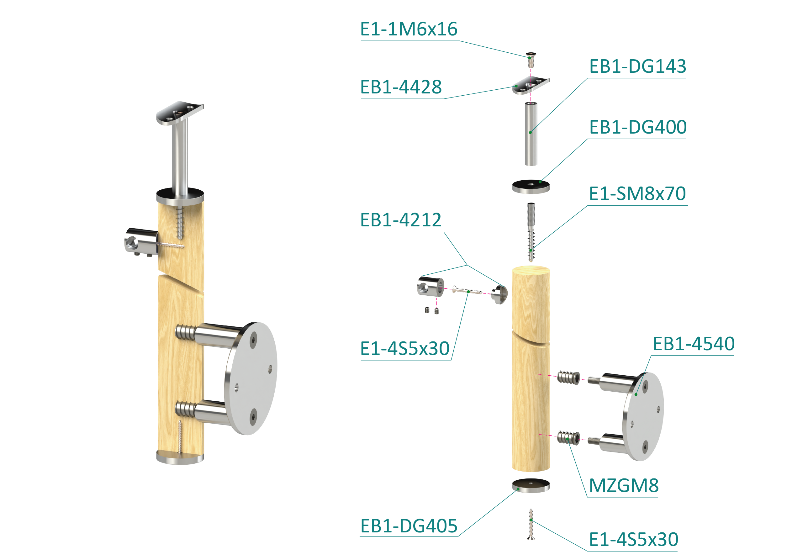 Drevený stĺp, bočné kotvenie, 5-radový, priechodný, vonkajší Rozmer A