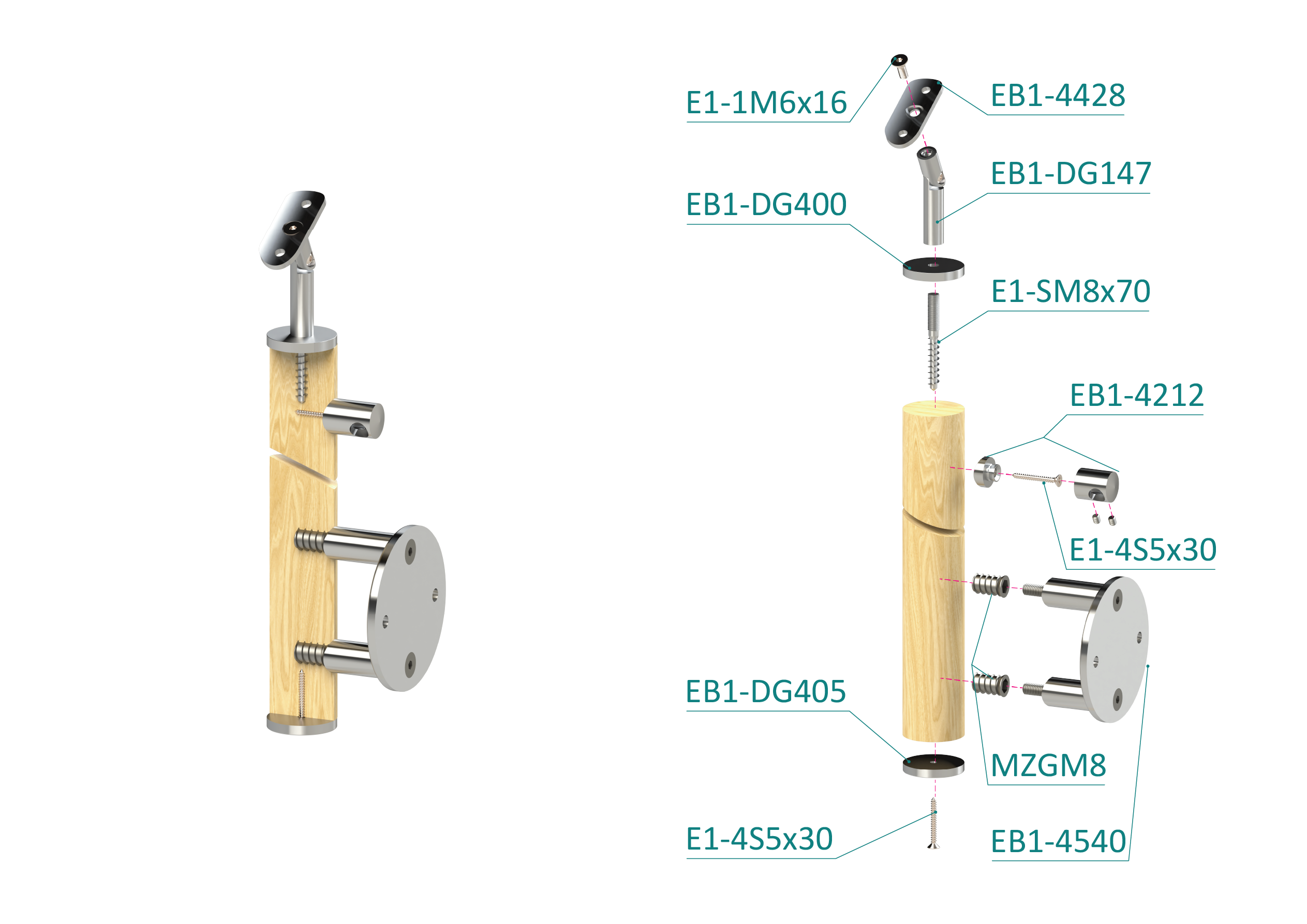 Drevený stĺp, bočné kotvenie, 4-radový, priechodný, vnútorný Rozmer A