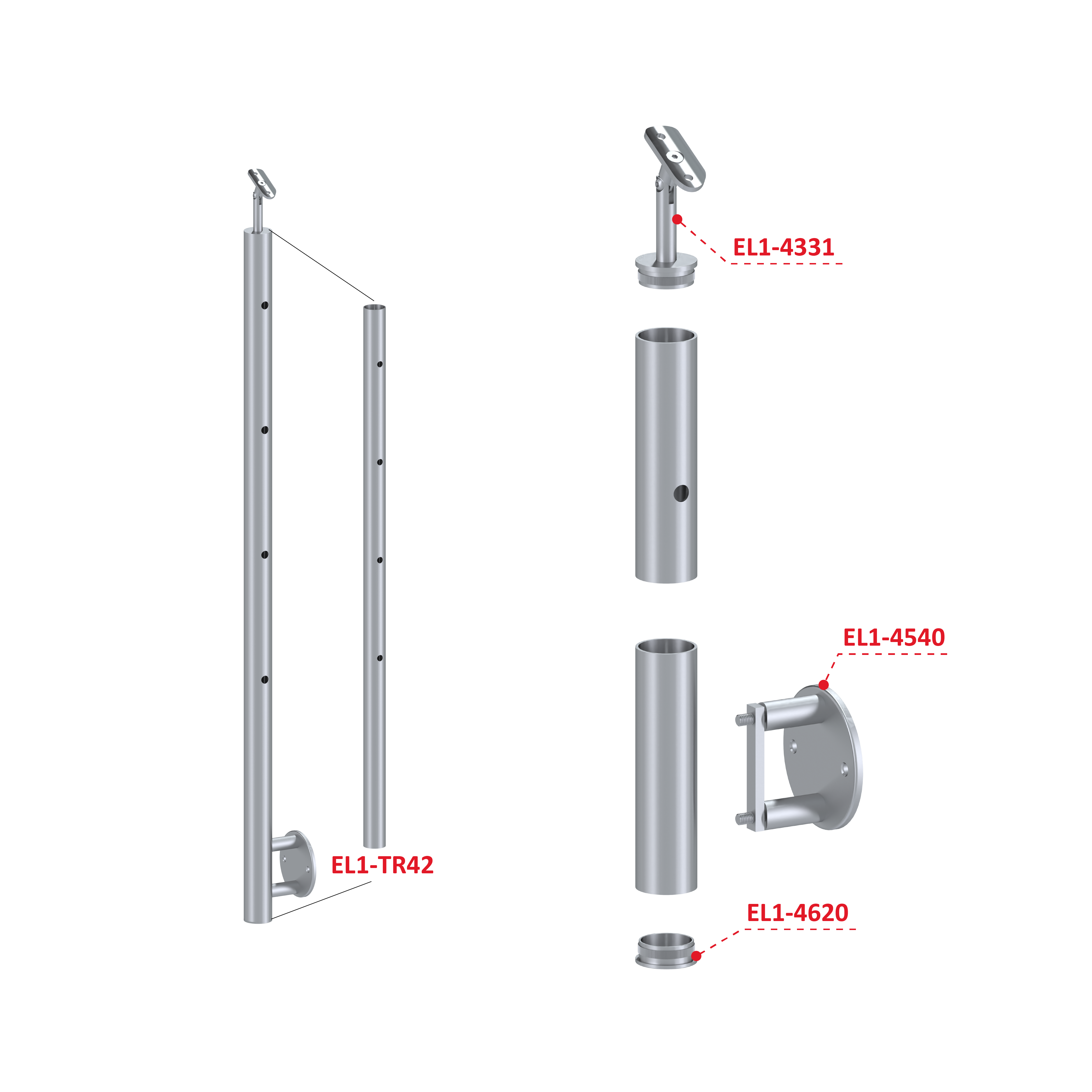 Nerezový stĺp, bočné kotvenie, 4-dierový koncový, pravý Rozmer B