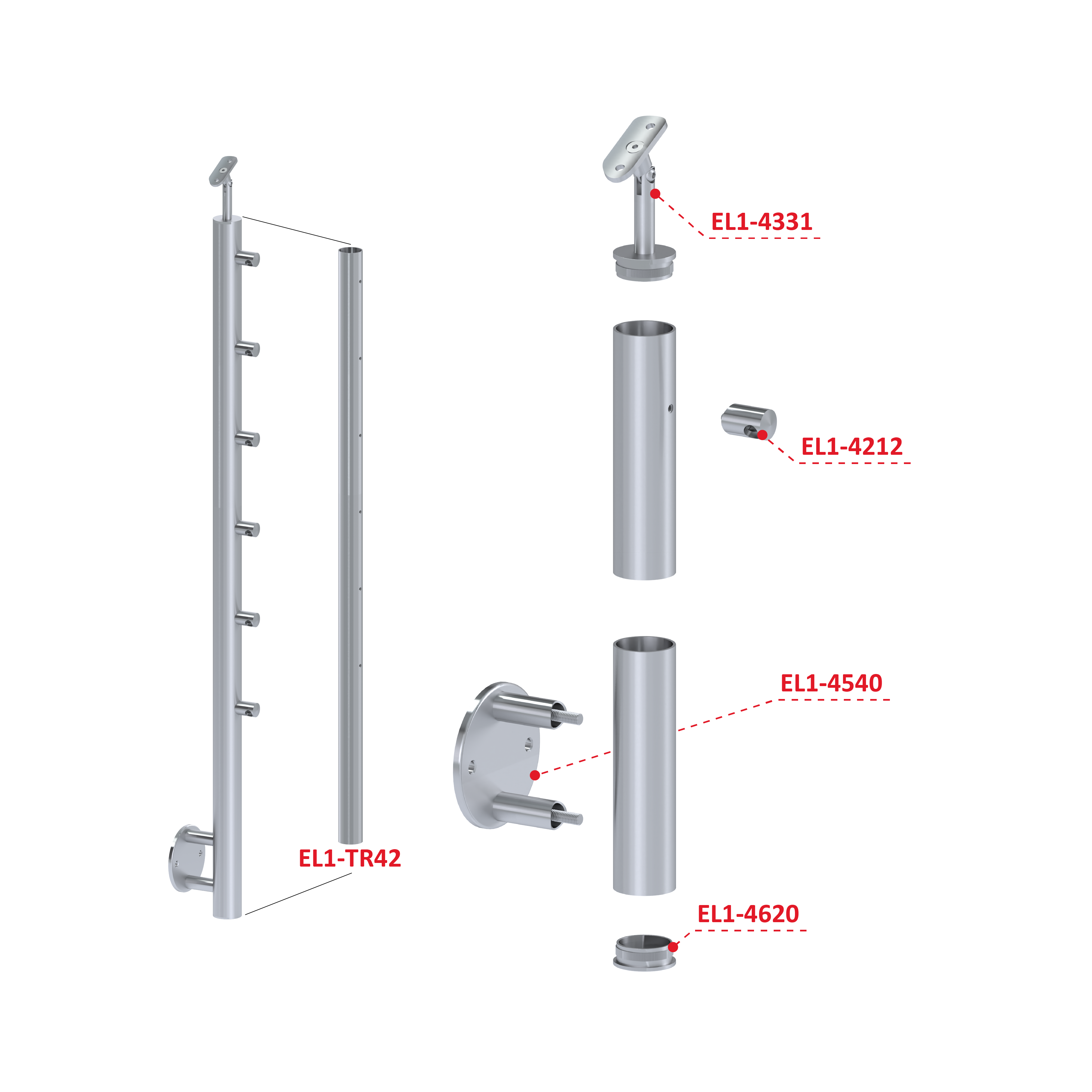 Nerezový stĺp, bočné kotvenie, 6-radový priechodný Rozmer B