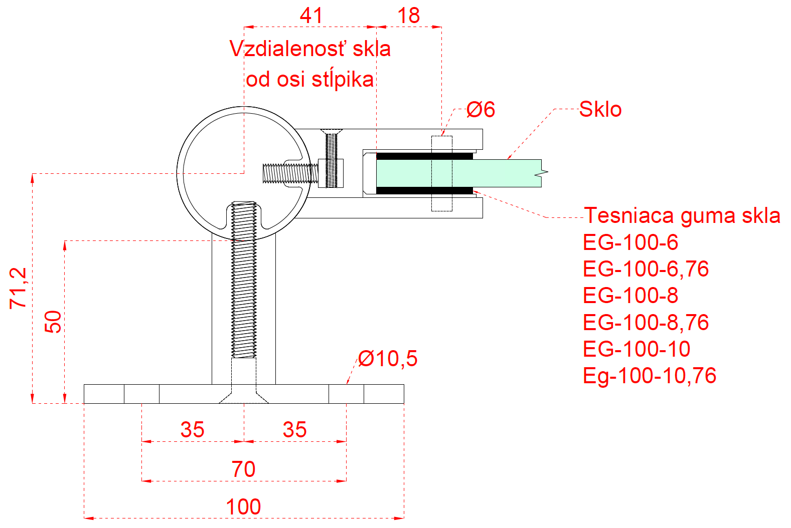 Nerezový stĺp, bočné kotvenie, výplň: sklo, ľavý Rozmer B