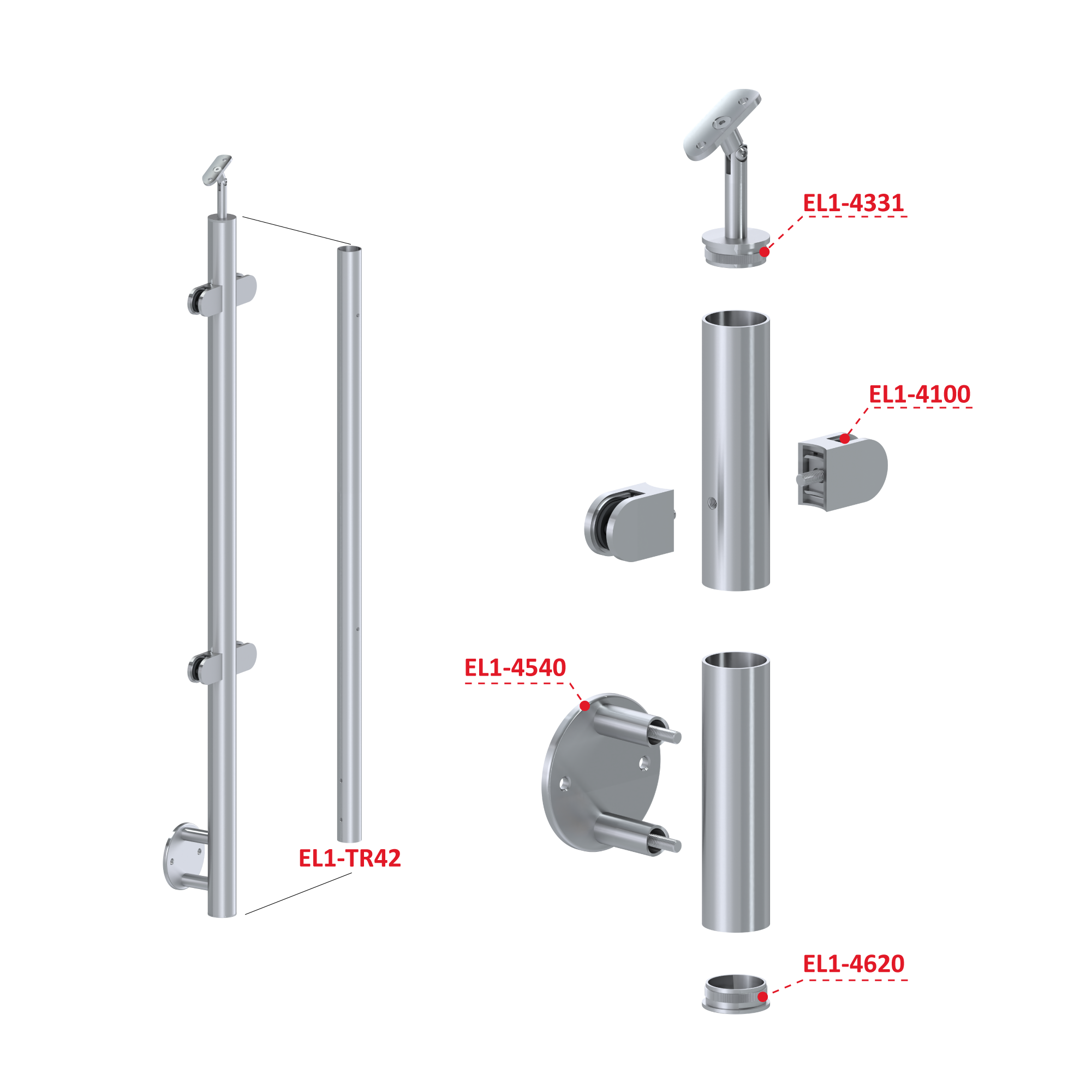 Nerezový stĺp, bočné kotvenie, výplň: sklo, priechodný Rozmer B